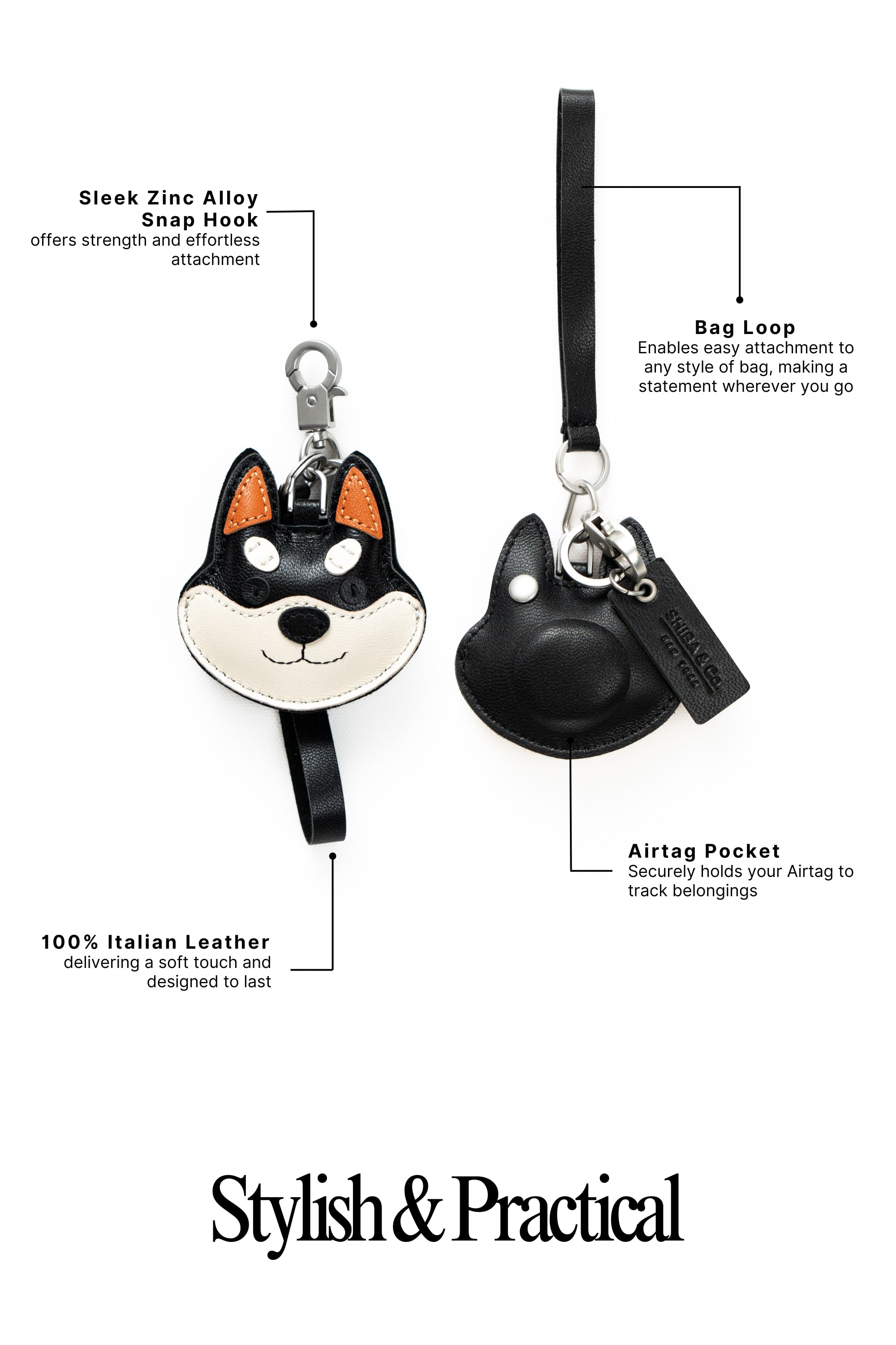 Shiba Inu Bag Charm In Italian Leather - Black and Tan