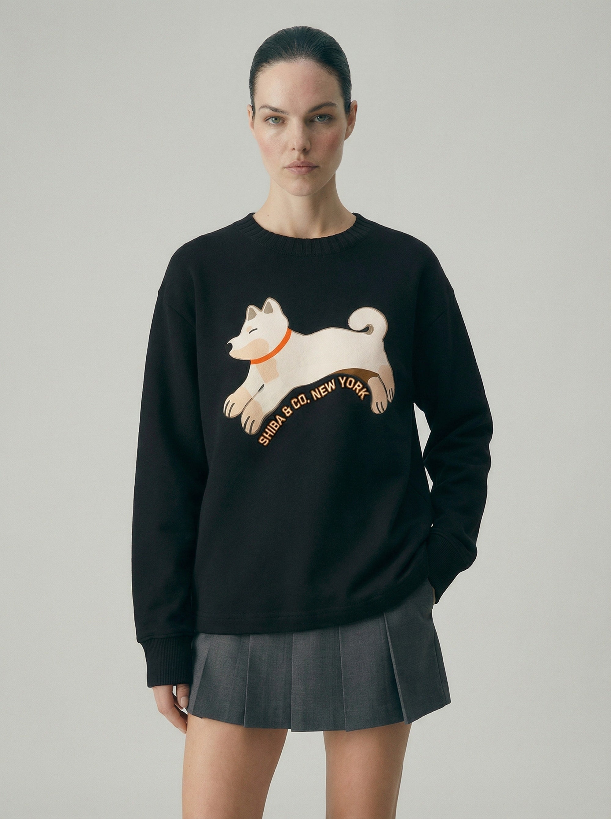 Club Shiba Inu Knitted Round Neck Oversize Sweatshirt - Cream Shiba