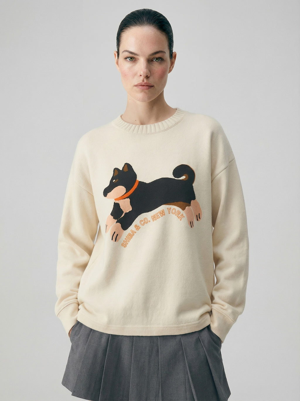 Club Shiba Inu Knitted Round Neck Oversize Sweatshirt - Black & Tan Shiba