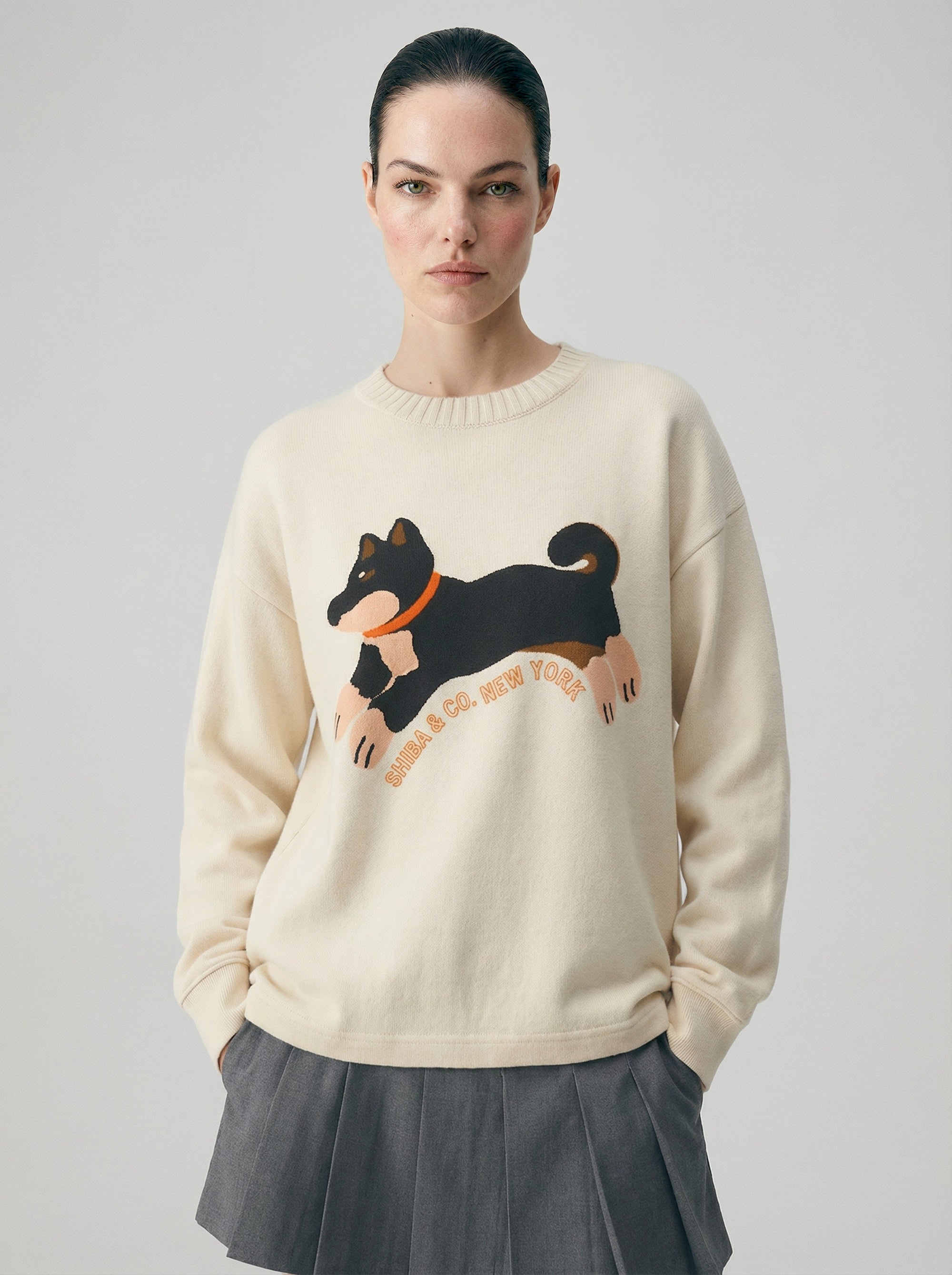 Club Shiba Inu Knitted Round Neck Oversize Sweatshirt - Black & Tan Shiba