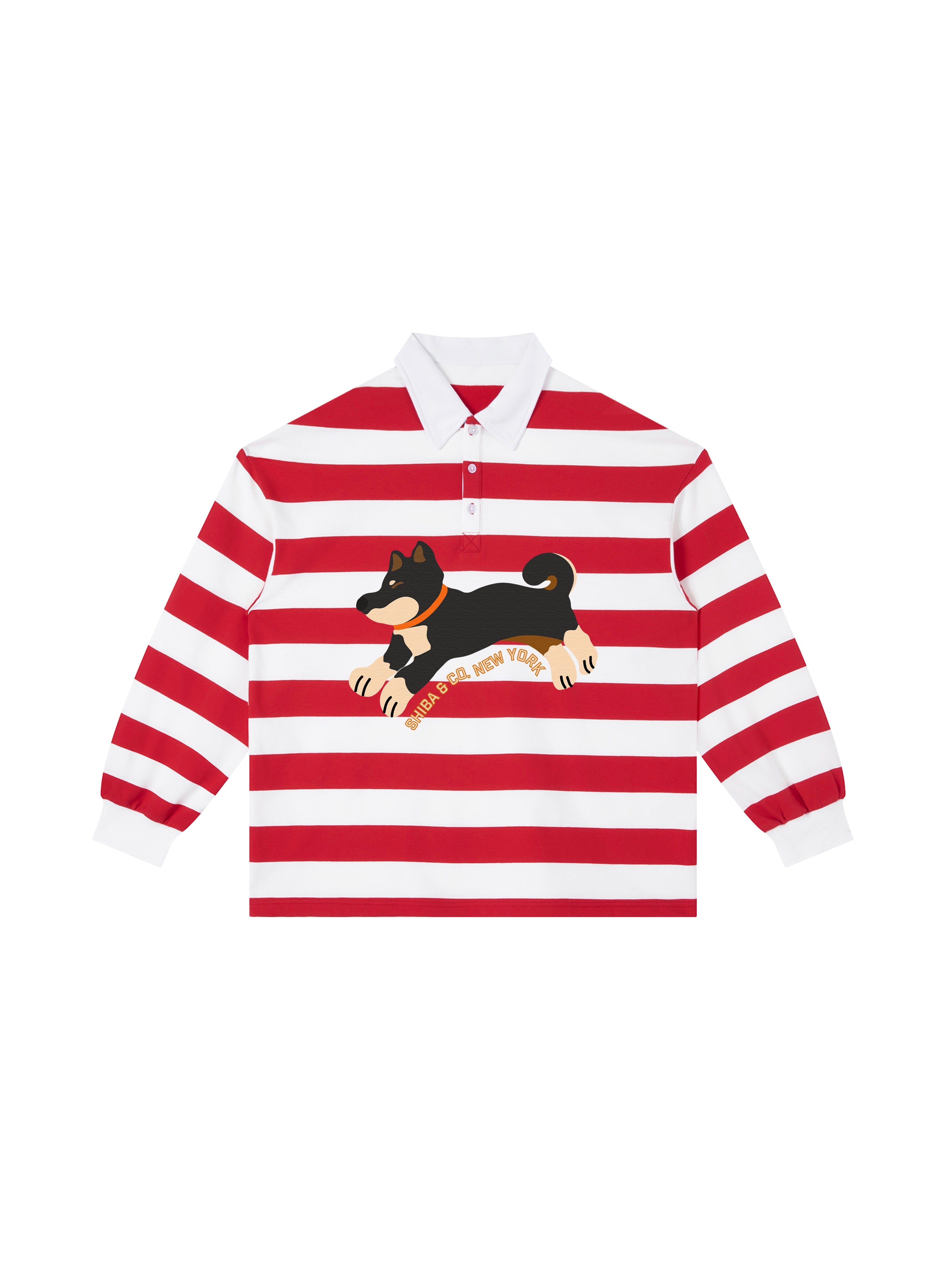 Unisex Club Shiba Inu Stripe Cotton Rugby Polo Shirt - Black and Tan Shiba