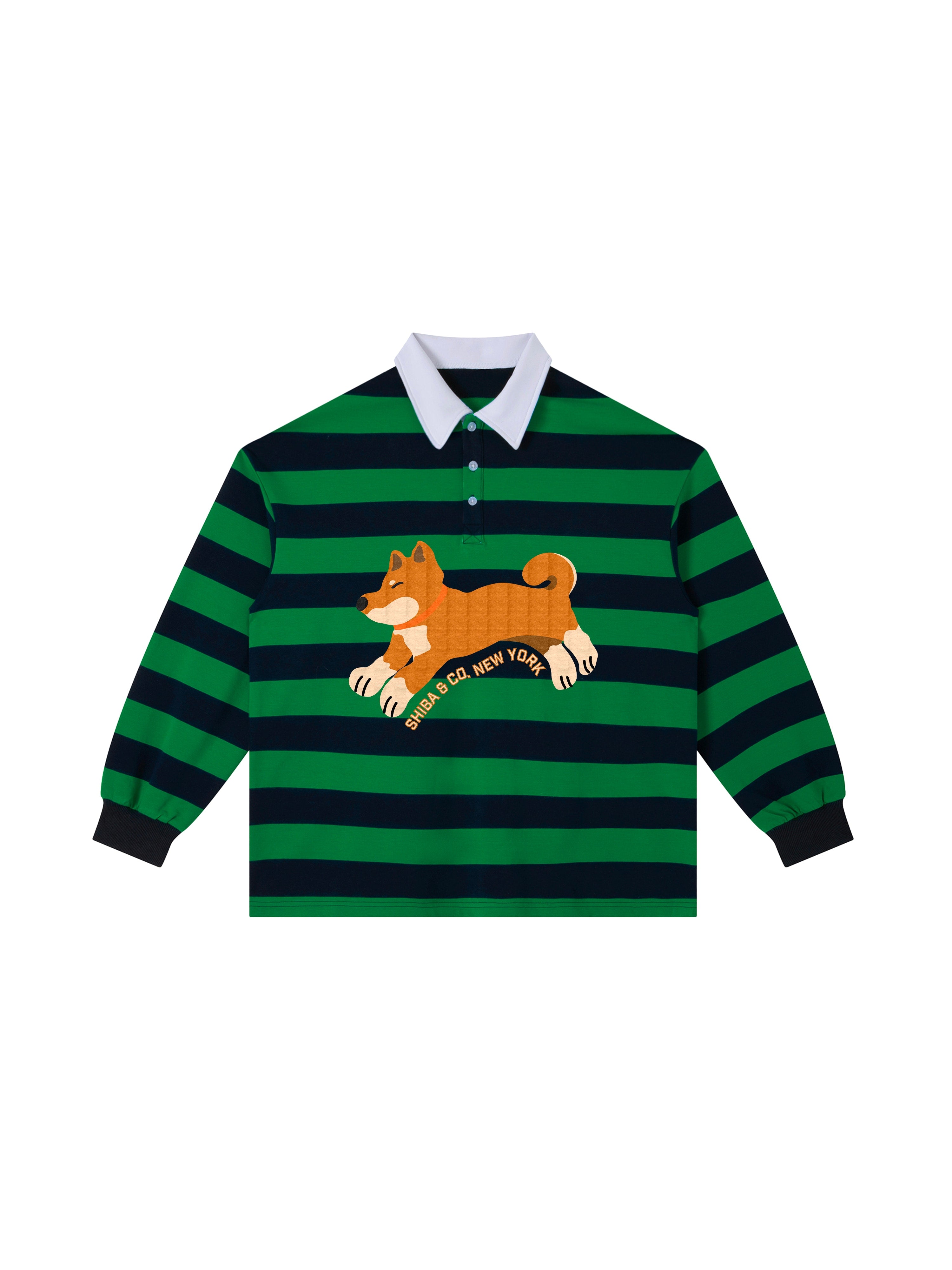 Unisex Club Shiba Inu Stripe Cotton Rugby Polo Shirt - Red Shiba