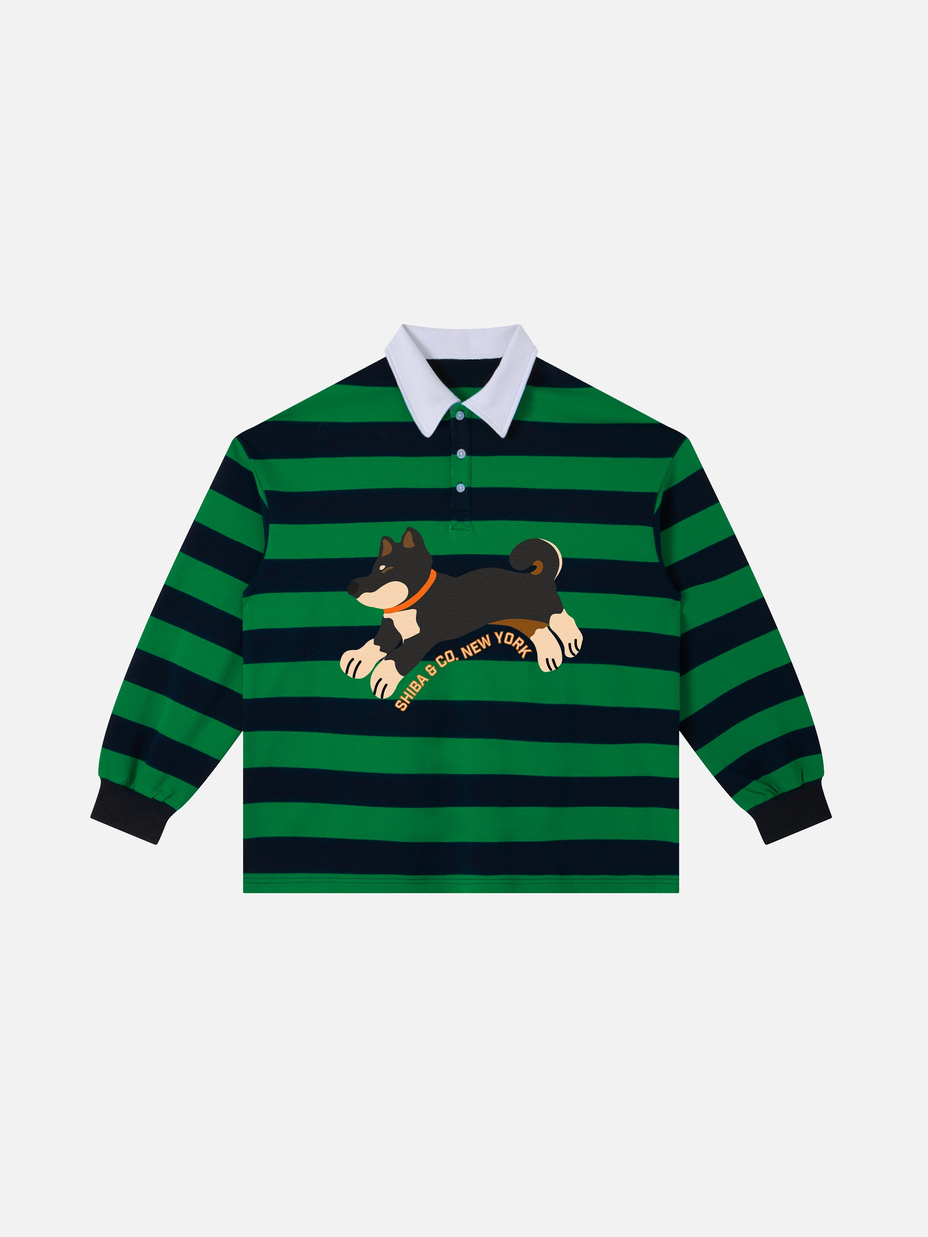 Unisex Club Shiba Inu Stripe Cotton Rugby Polo Shirt - Black and Tan Shiba