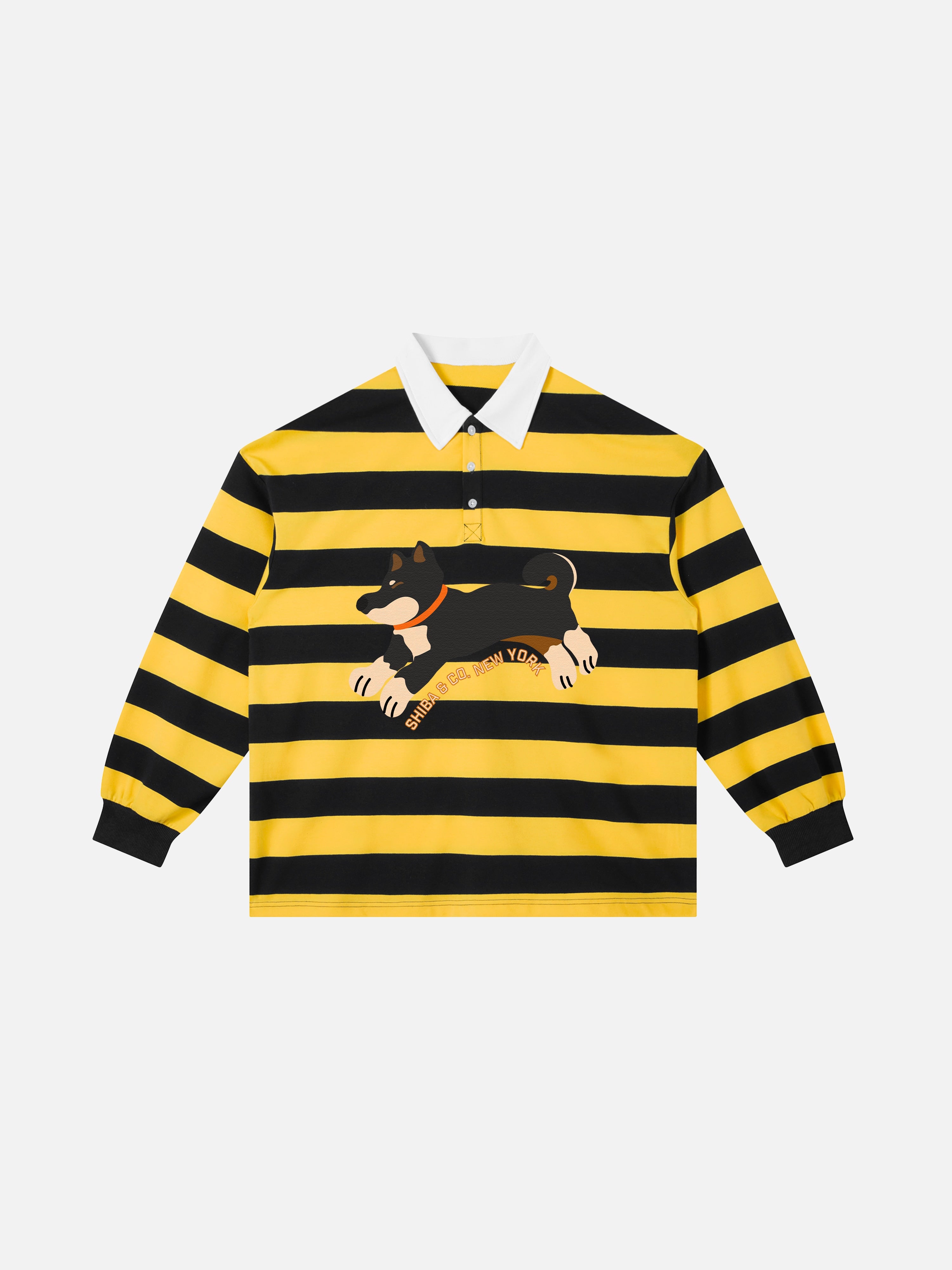 Unisex Club Shiba Inu Stripe Cotton Rugby Polo Shirt - Black and Tan Shiba