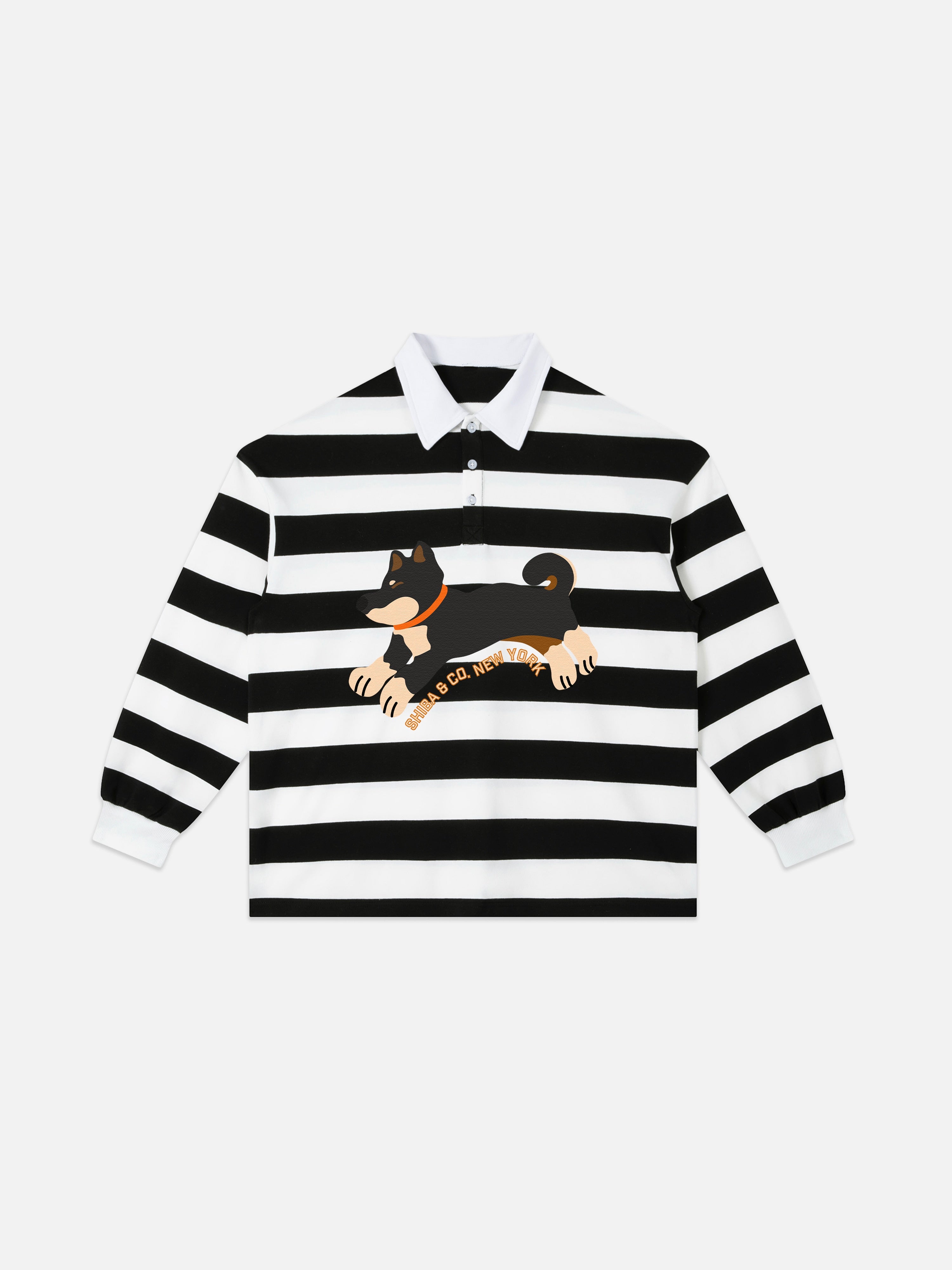 Unisex Club Shiba Inu Stripe Cotton Rugby Polo Shirt - Black and Tan Shiba