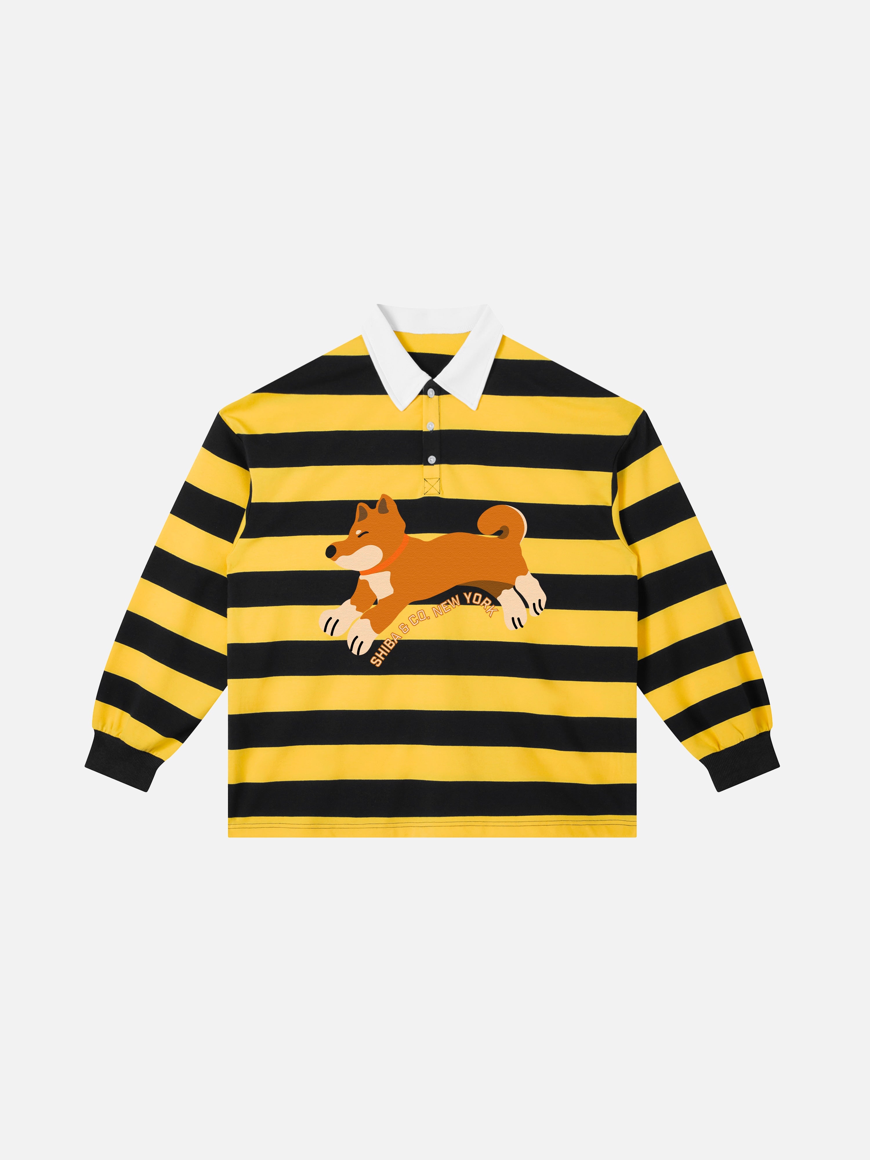 Unisex Club Shiba Inu Stripe Cotton Rugby Polo Shirt - Red Shiba