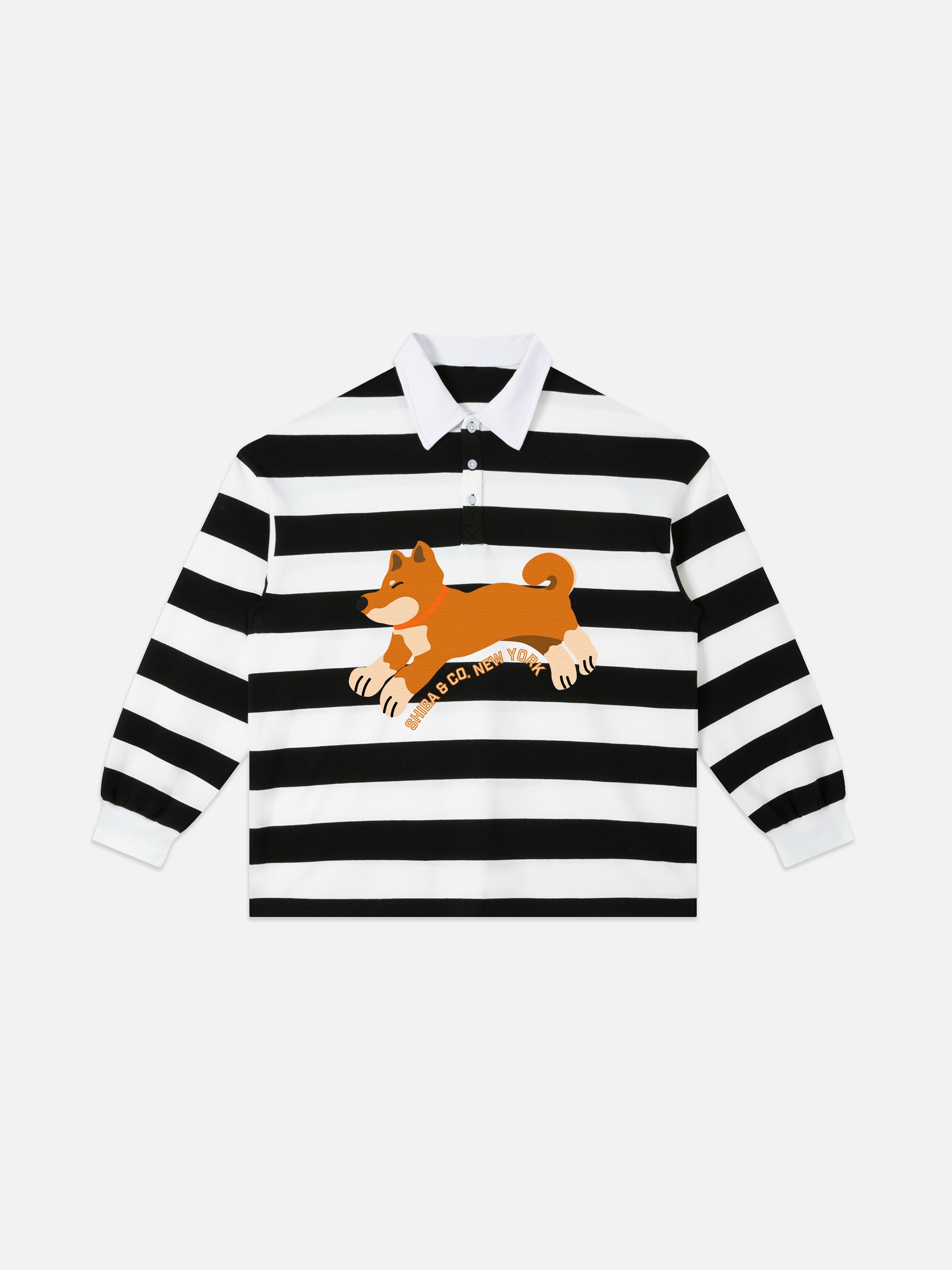 Unisex Club Shiba Inu Stripe Cotton Rugby Polo Shirt - Red Shiba