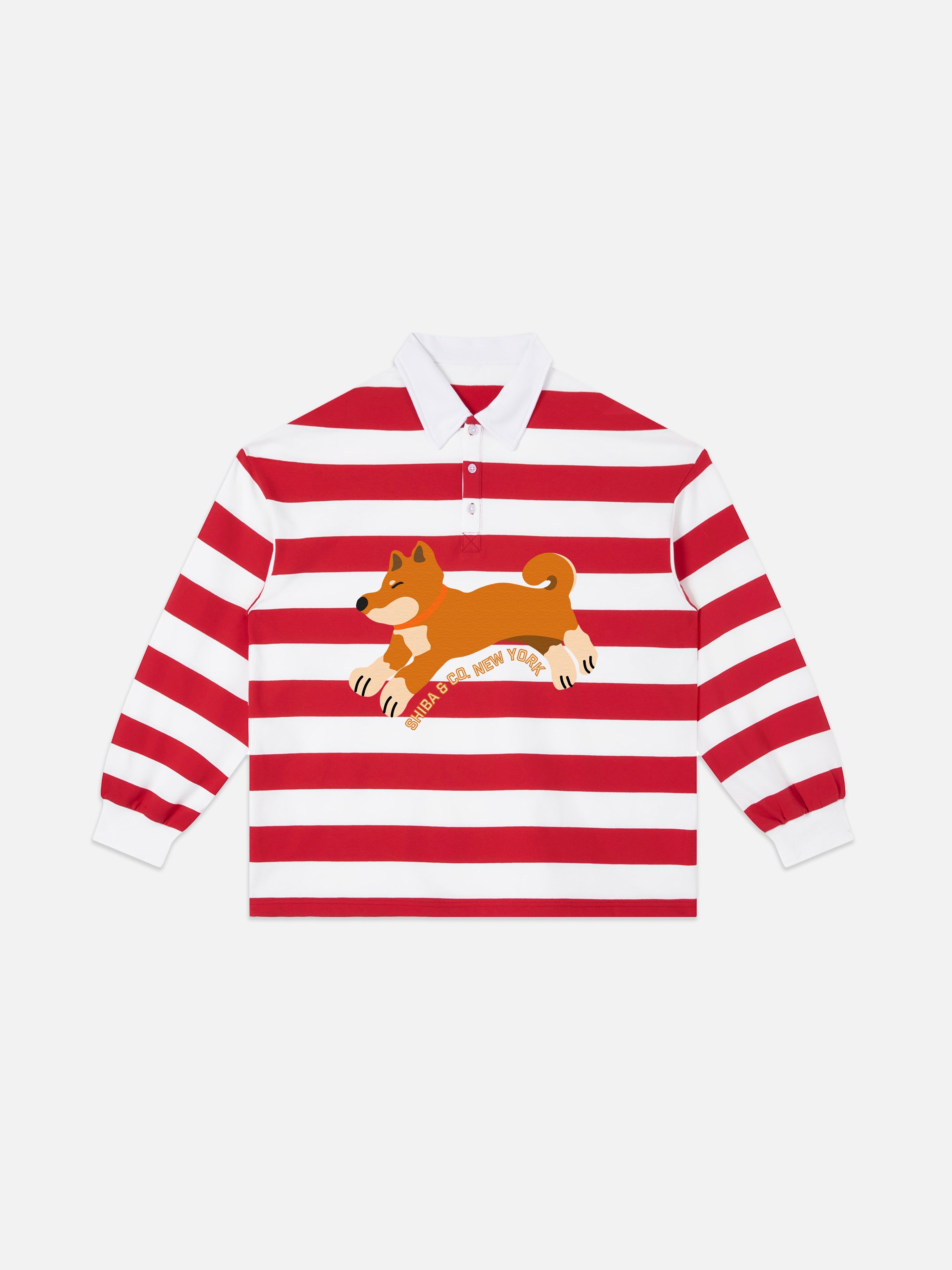 Unisex Club Shiba Inu Stripe Cotton Rugby Polo Shirt - Red Shiba