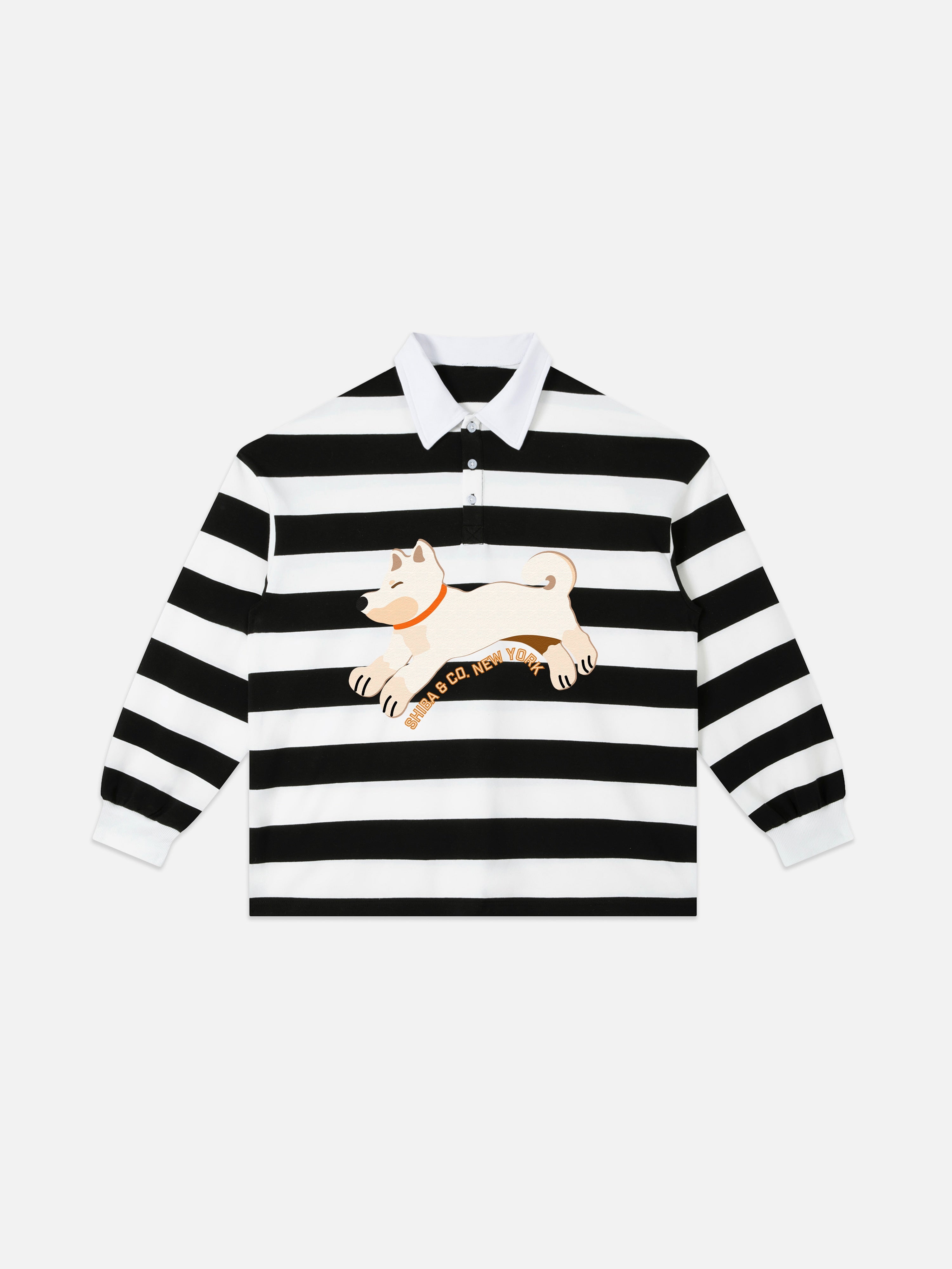 Unisex Club Shiba inu Stripe Cotton Rugby Polo Shirt - Cream Shiba