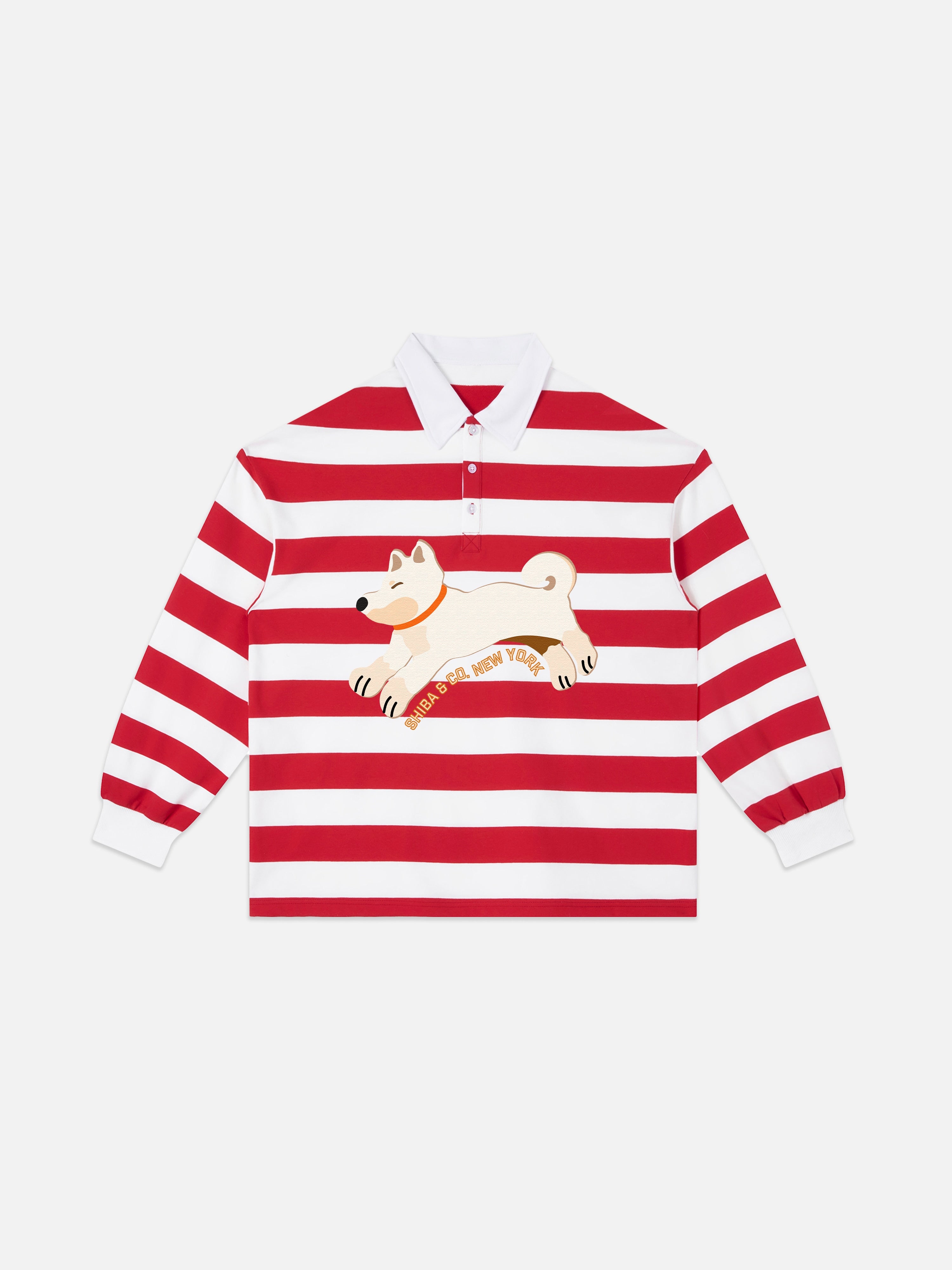 Unisex Club Shiba inu Stripe Cotton Rugby Polo Shirt - Cream Shiba
