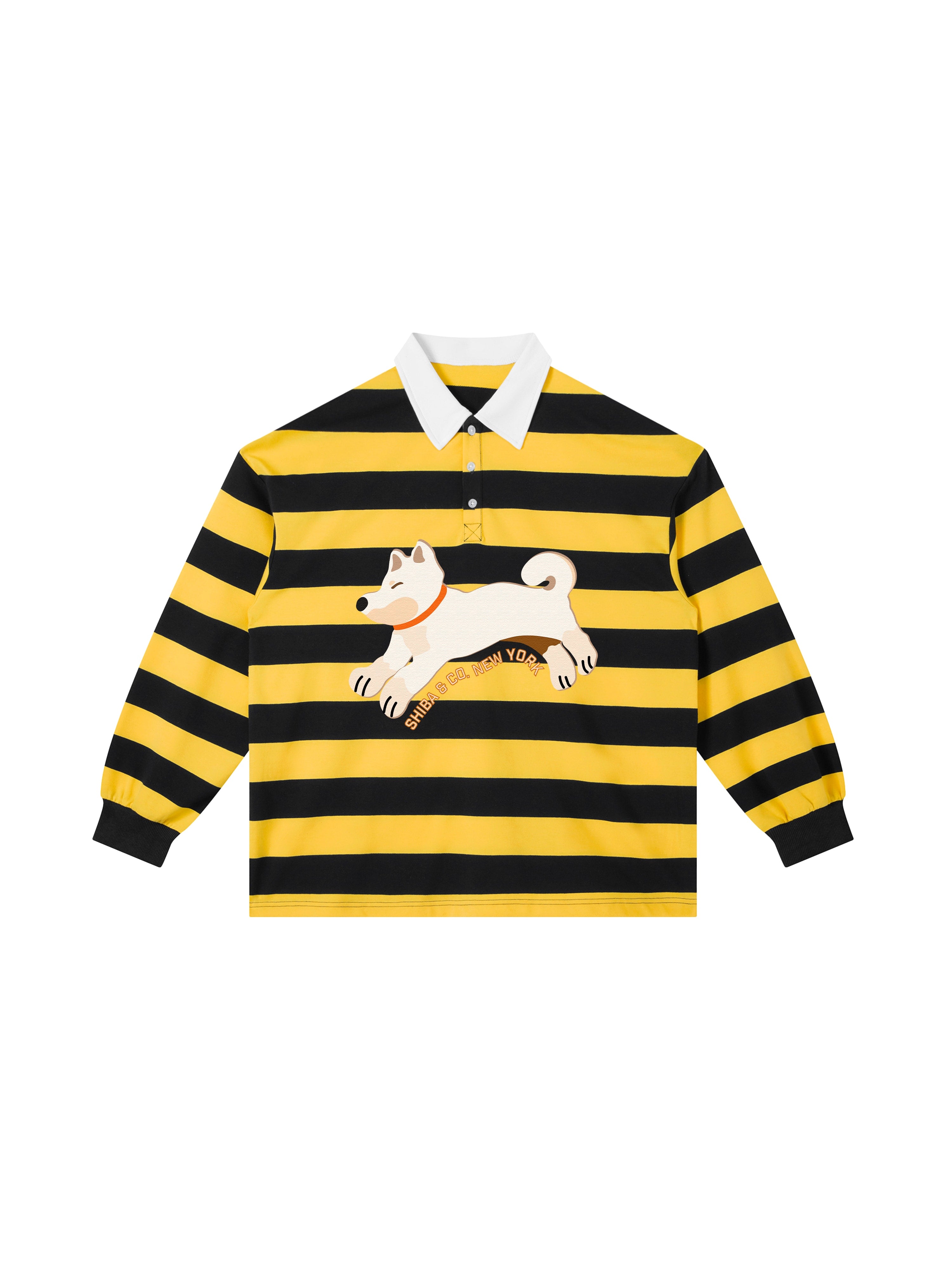 Unisex Club Shiba inu Stripe Cotton Rugby Polo Shirt - Cream Shiba