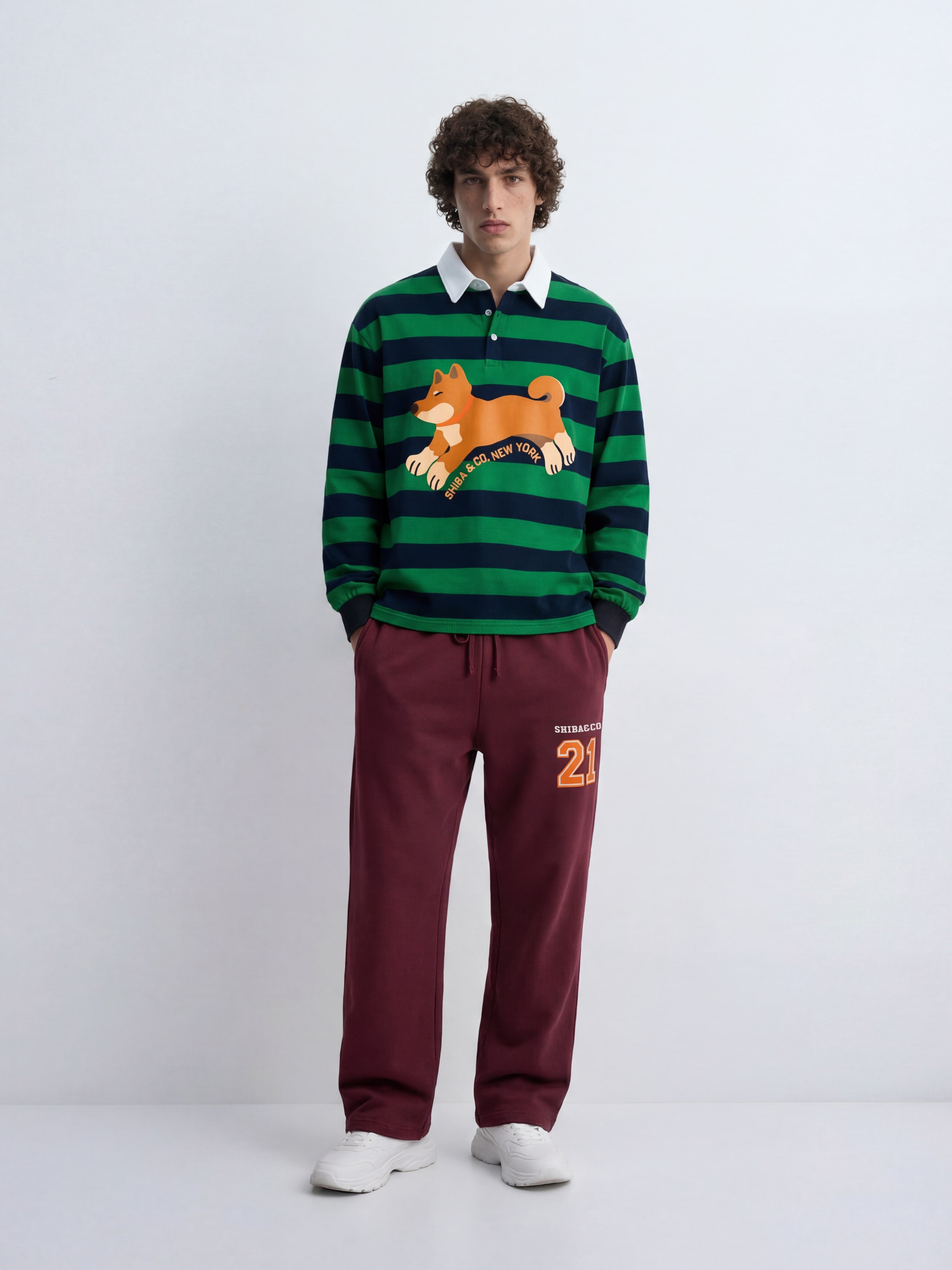 Unisex Club Shiba Inu Stripe Cotton Rugby Polo Shirt - Red Shiba