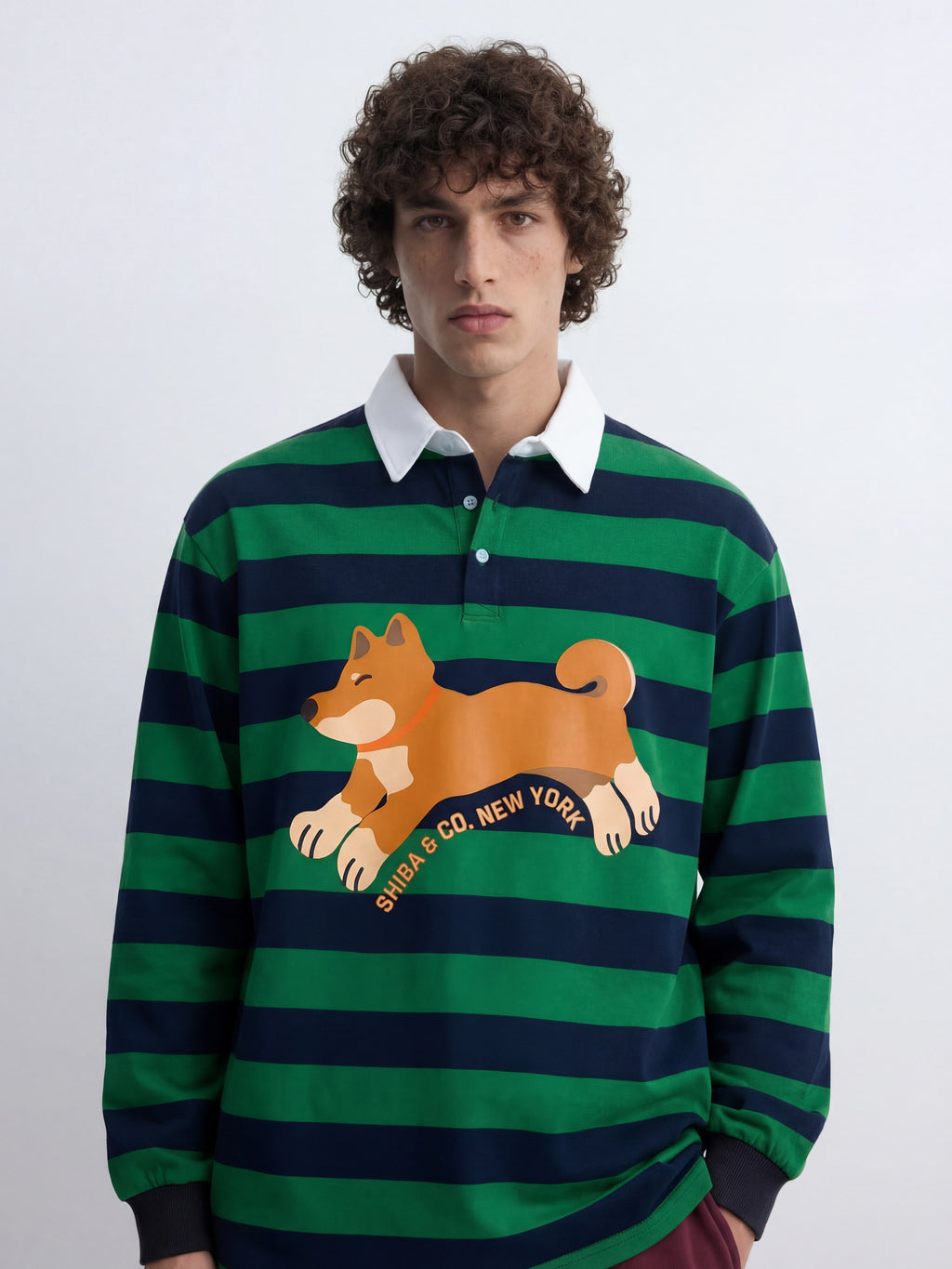 Unisex Club Shiba Inu Stripe Cotton Rugby Polo Shirt - Red Shiba
