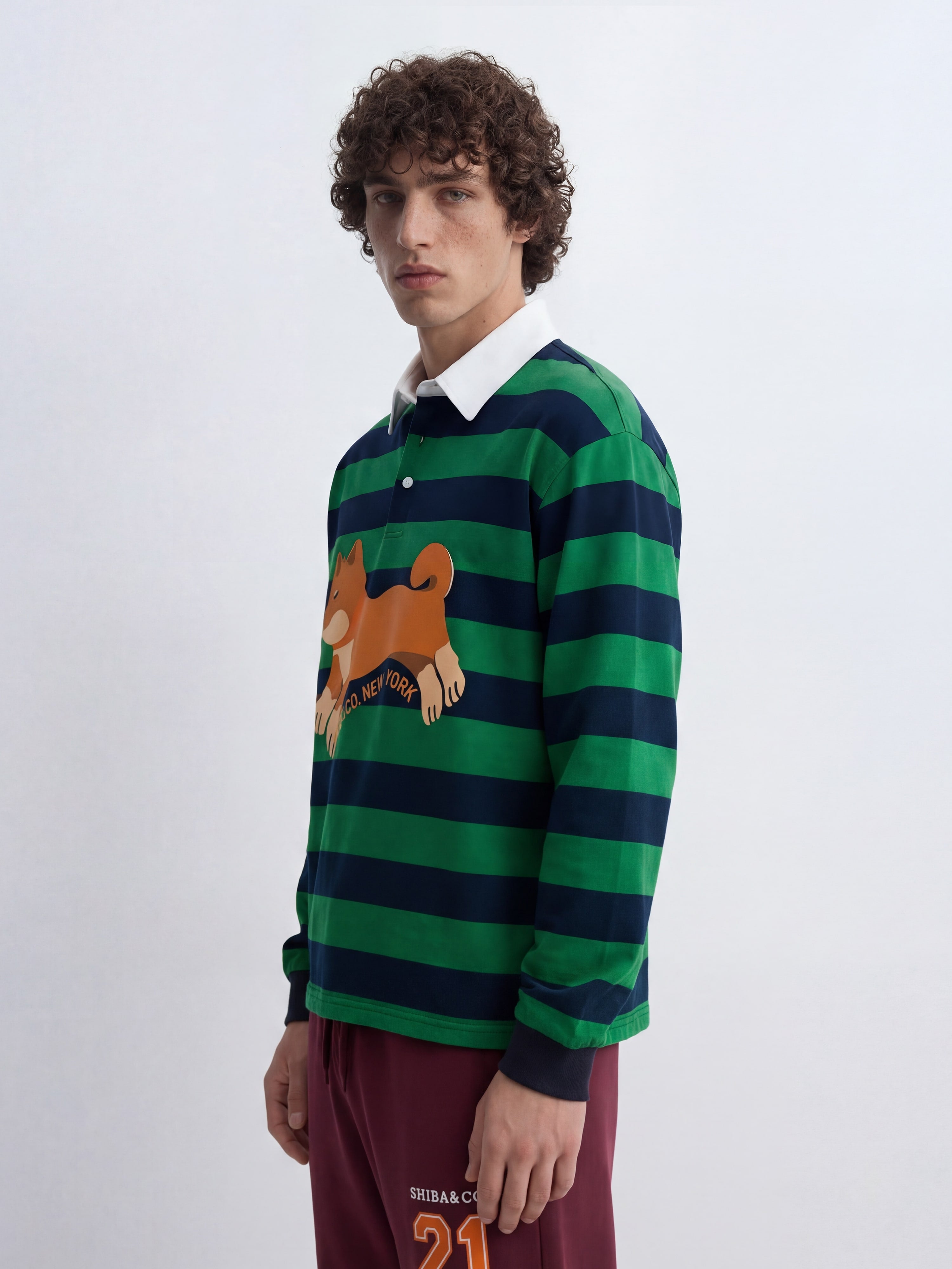 Unisex Club Shiba Inu Stripe Cotton Rugby Polo Shirt - Red Shiba