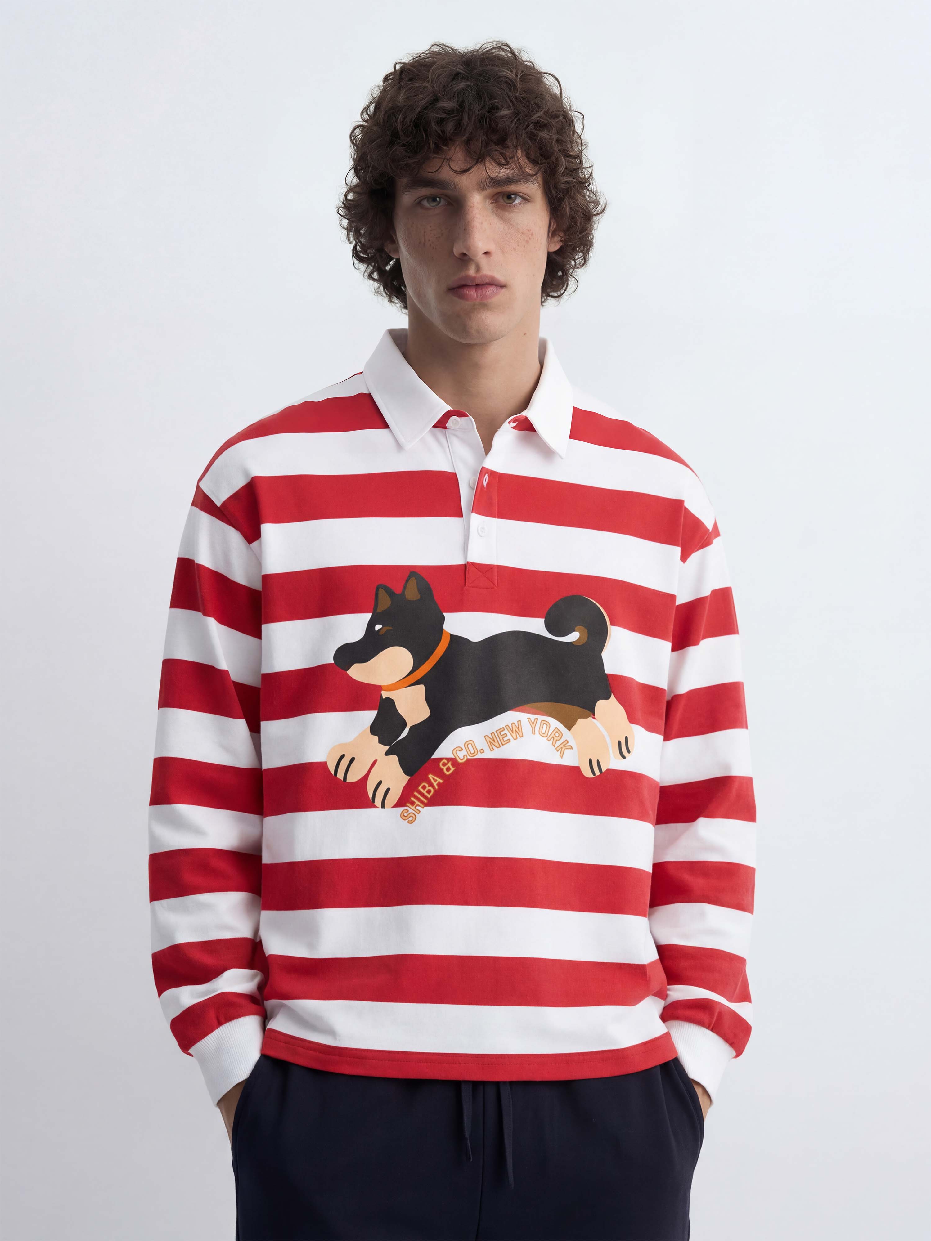 Unisex Club Shiba Inu Stripe Cotton Rugby Polo Shirt - Black and Tan Shiba