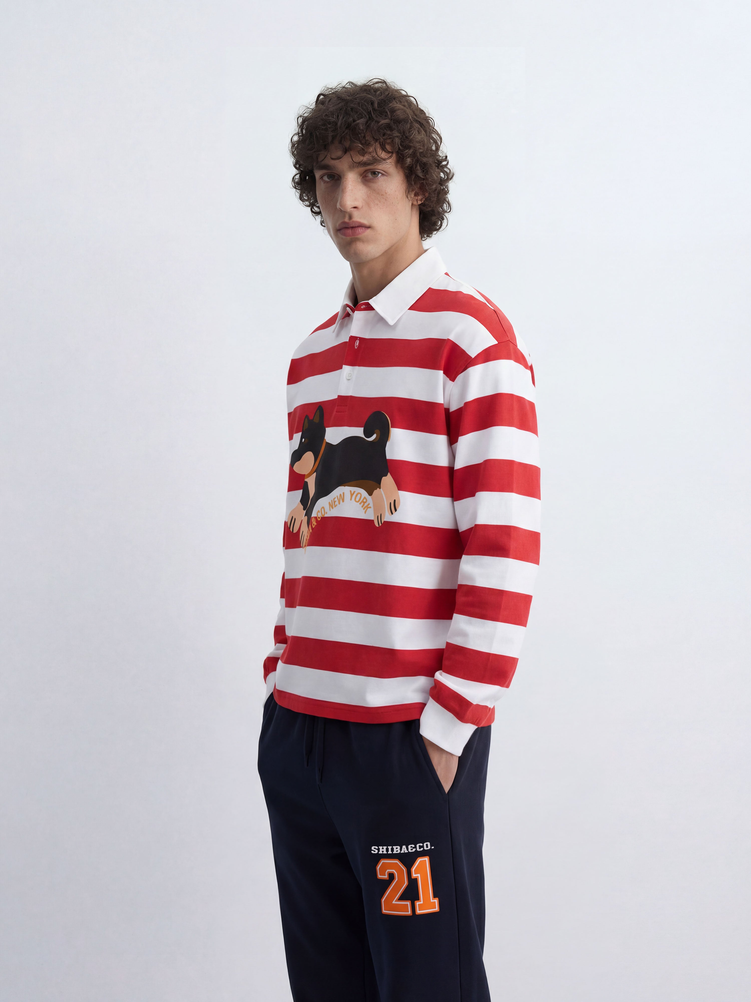 Unisex Club Shiba Inu Stripe Cotton Rugby Polo Shirt - Black and Tan Shiba