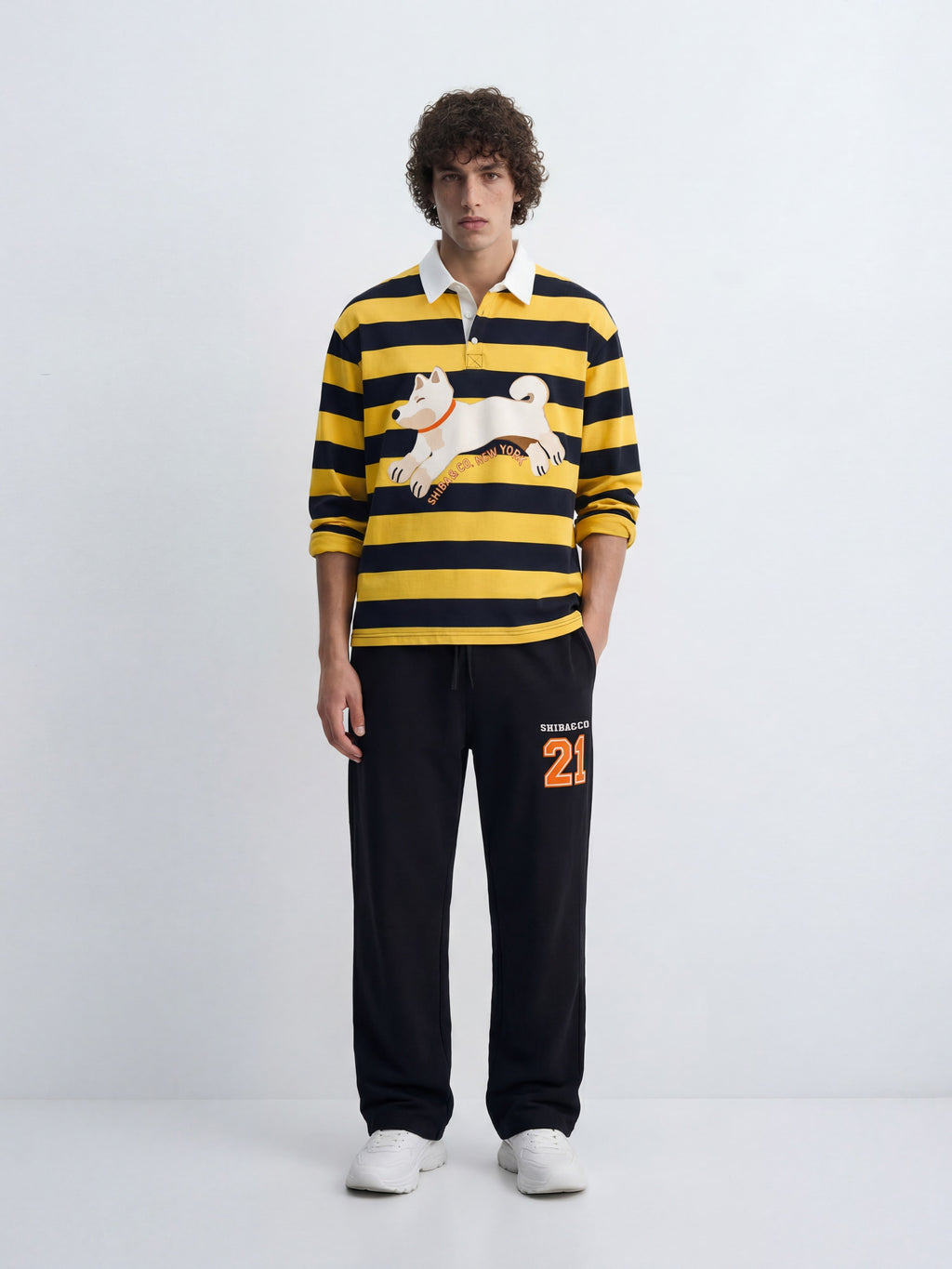 Unisex Club Shiba inu Stripe Cotton Rugby Polo Shirt - Cream Shiba