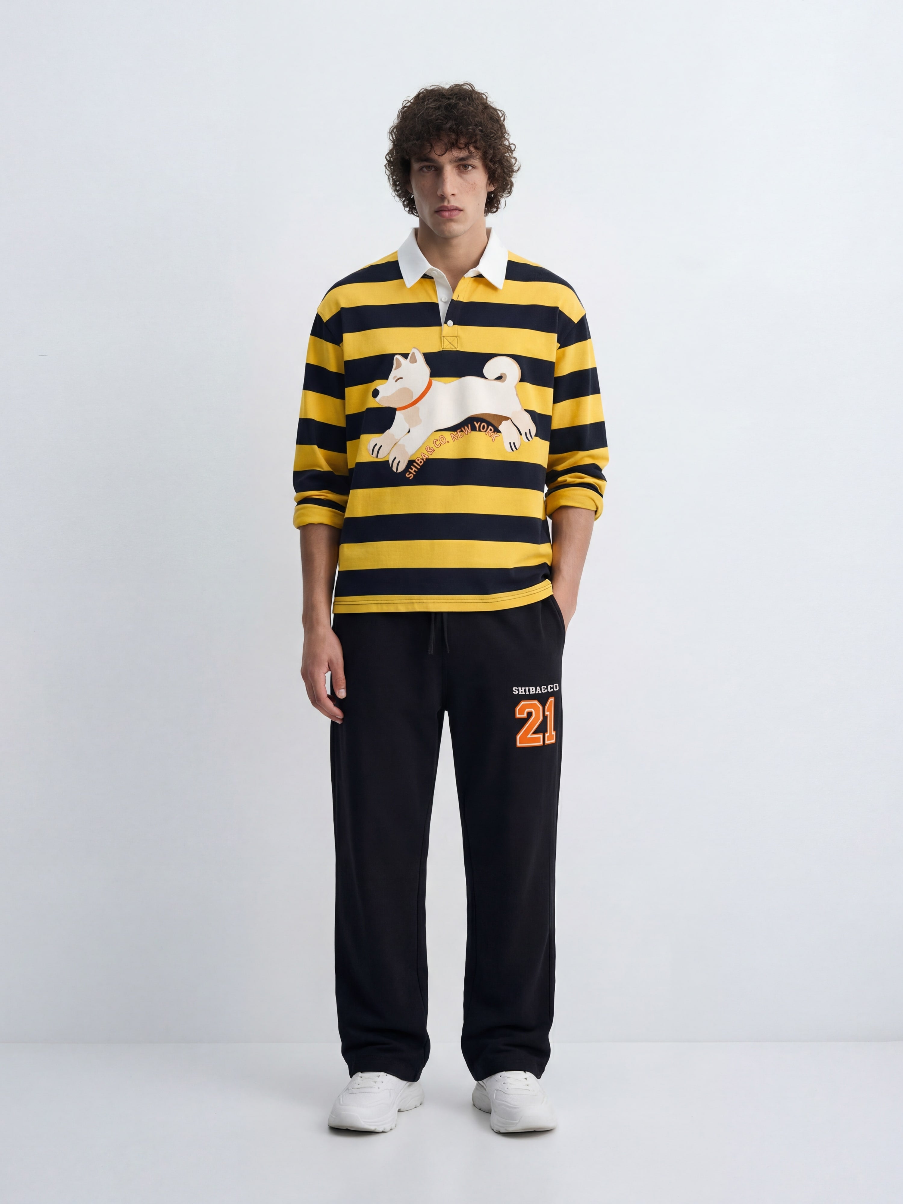 Unisex Club Shiba inu Stripe Cotton Rugby Polo Shirt - Cream Shiba