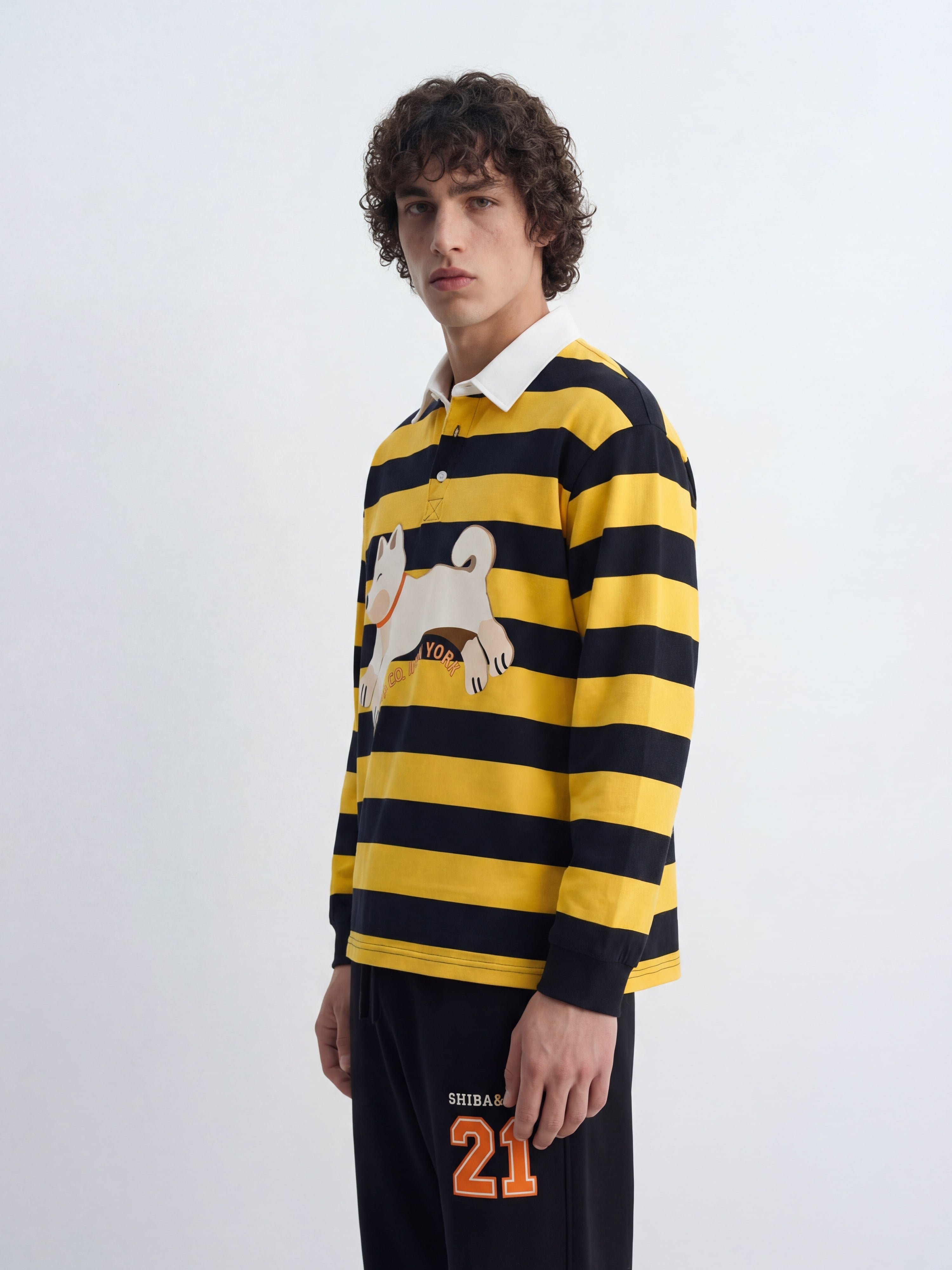 Unisex Club Shiba inu Stripe Cotton Rugby Polo Shirt - Cream Shiba