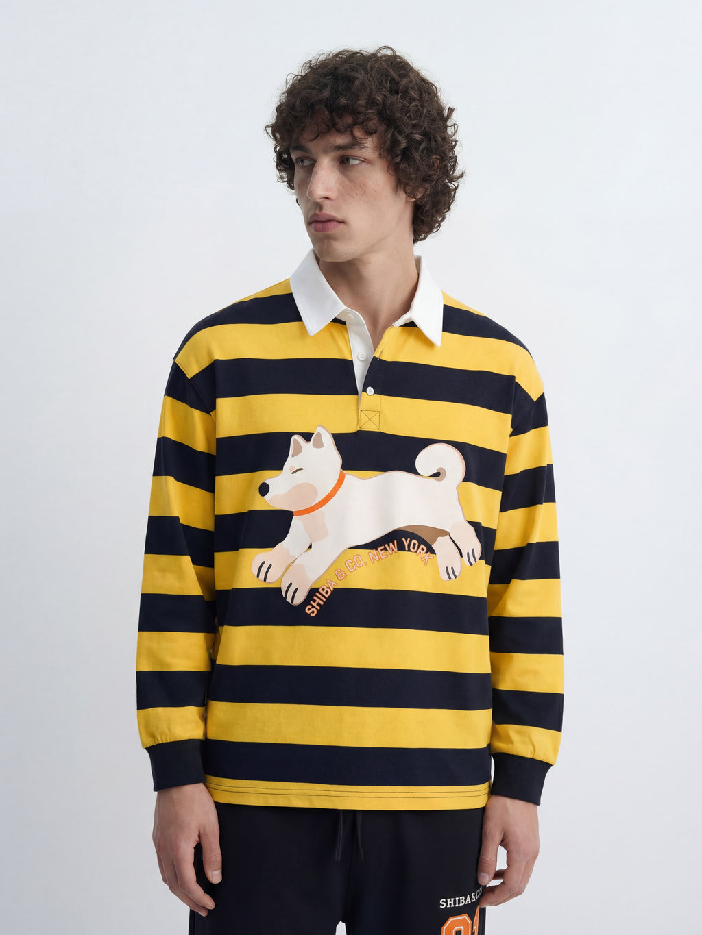 Unisex Club Shiba inu Stripe Cotton Rugby Polo Shirt - Cream Shiba