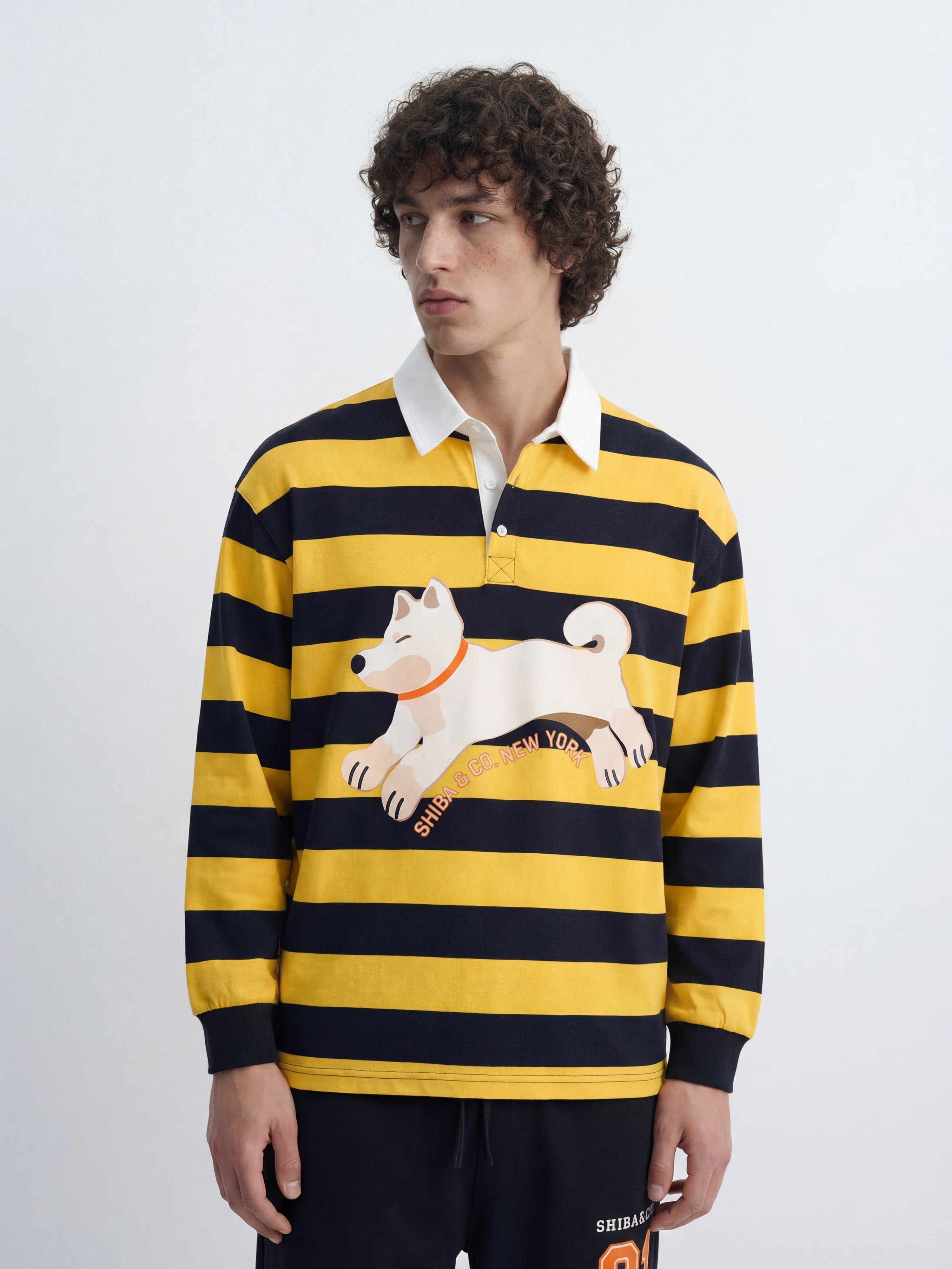 Unisex Club Shiba inu Stripe Cotton Rugby Polo Shirt - Cream Shiba