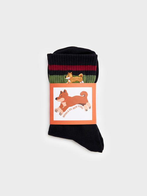 Club Shiba Inu Dog Embroidered Crew Sock – Black