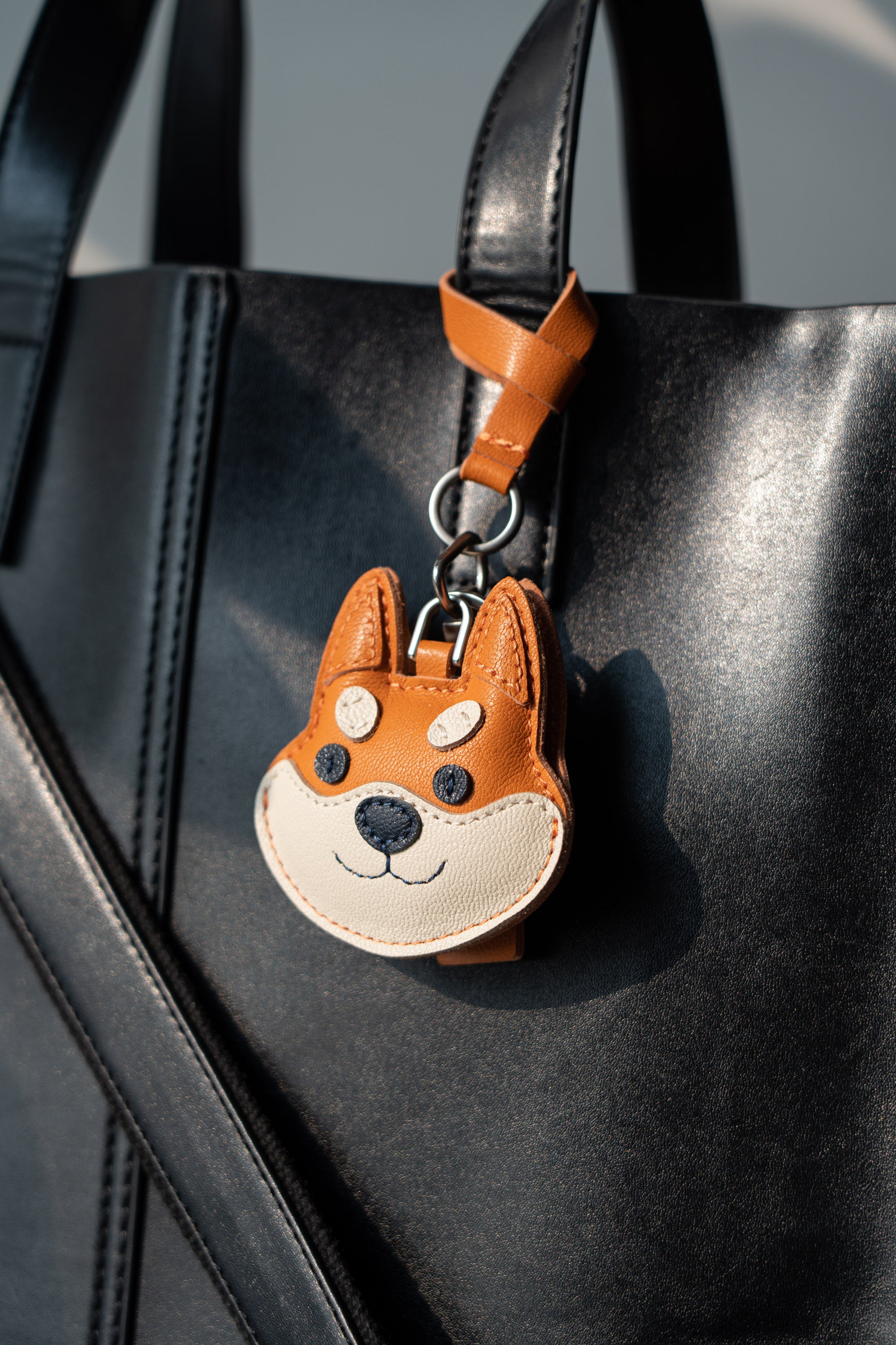 Shiba Inu Bag Charm In Italian Leather - Red Orange