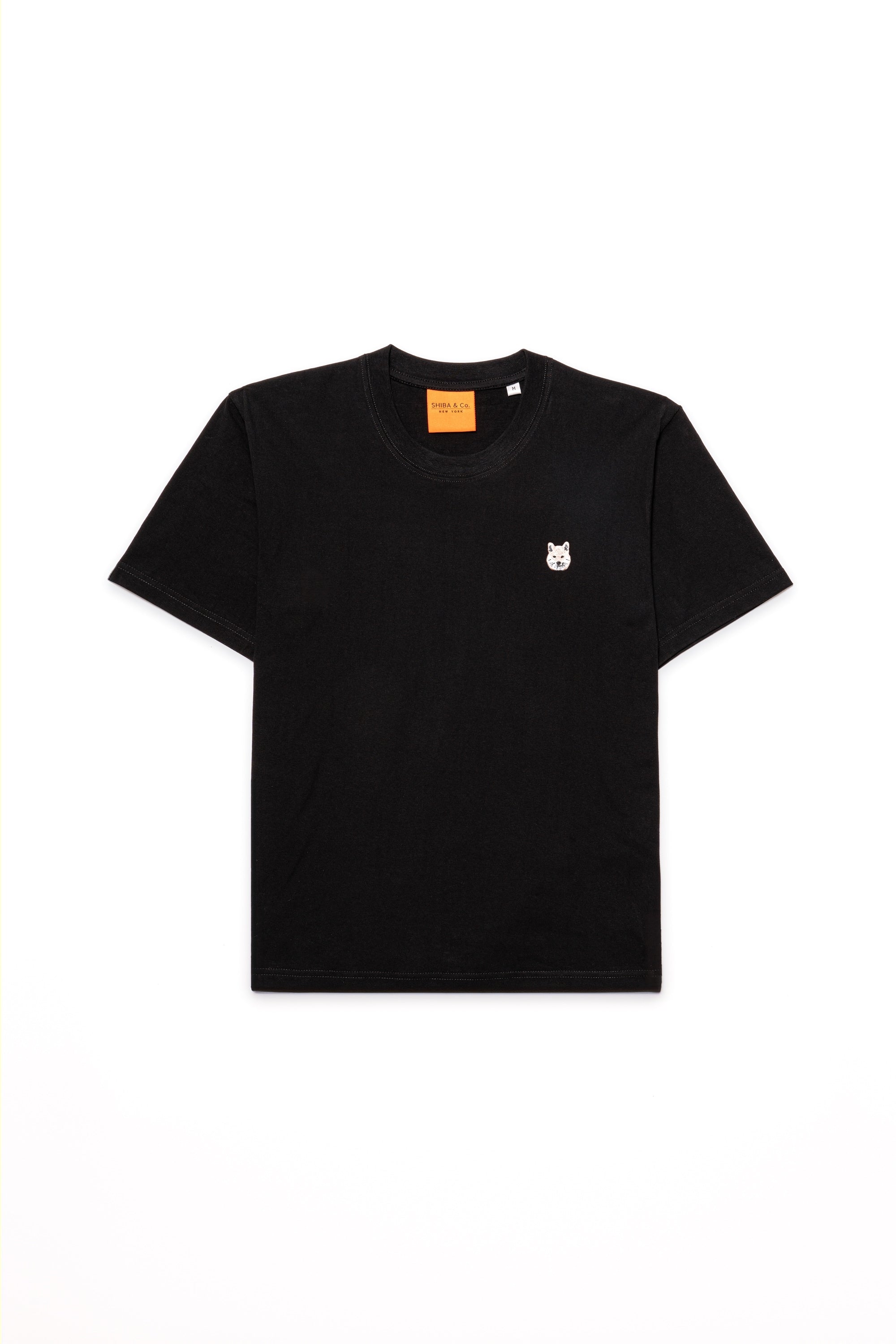 Cream Shiba Inu Dog Embroidered Black Cotton Tee-Shirt