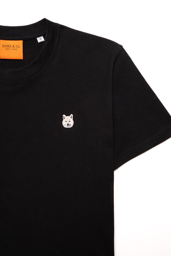 Cream Shiba Inu Embroidered Black Cotton Tee-Shirt