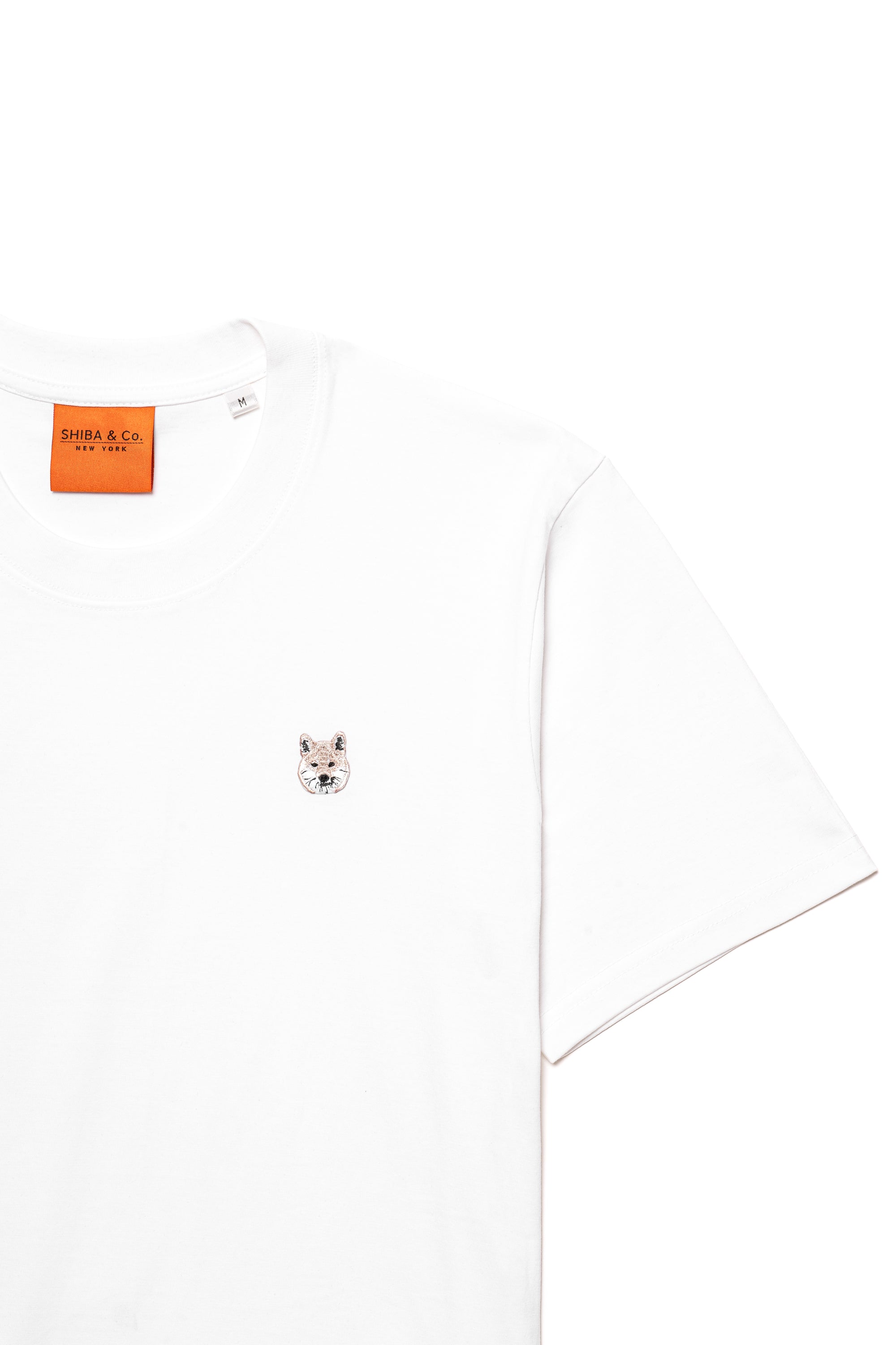 Cream Shiba Inu Dog Embroidered White Cotton Tee-Shirt