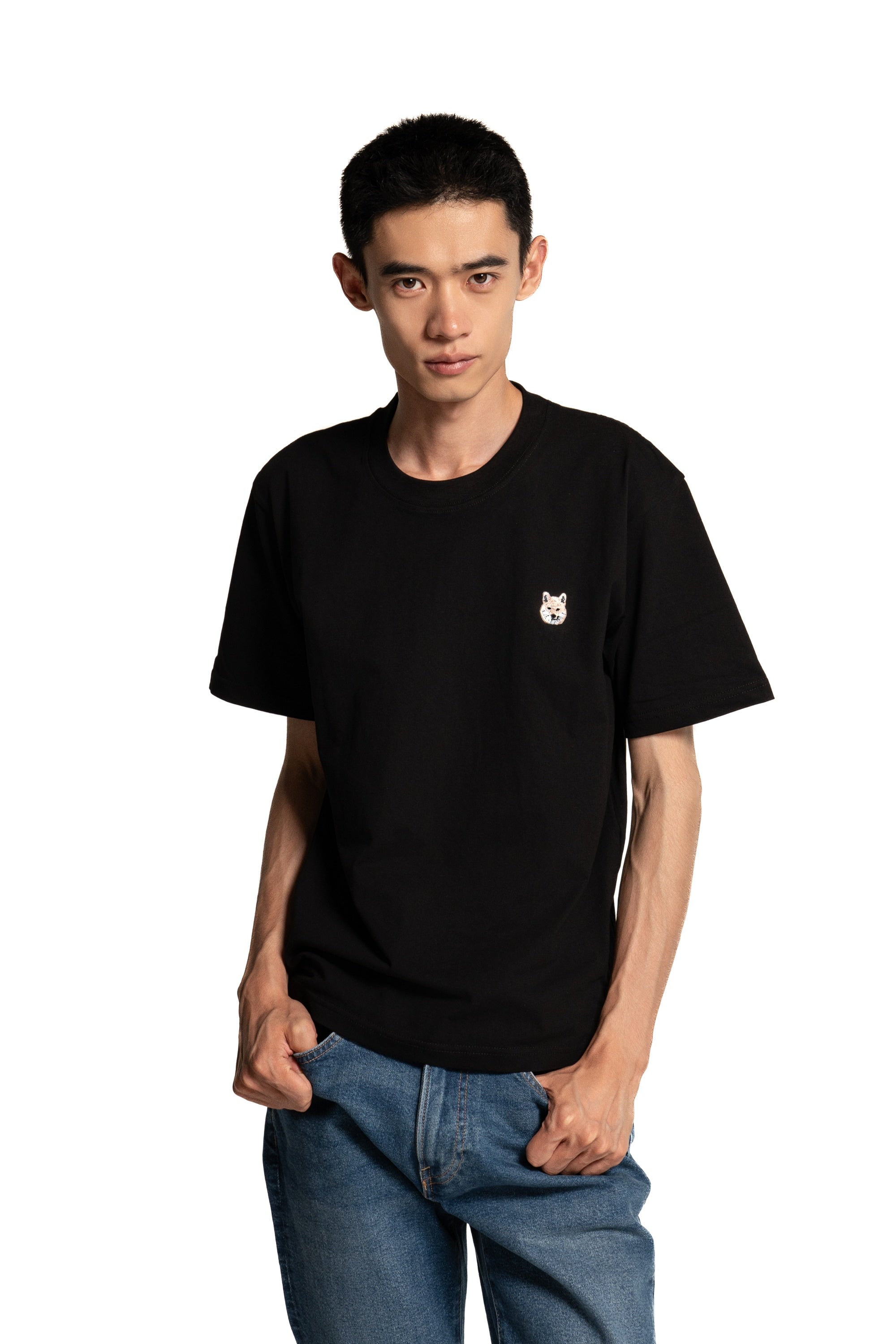 Cream Shiba Inu Dog Embroidered Black Cotton Tee-Shirt