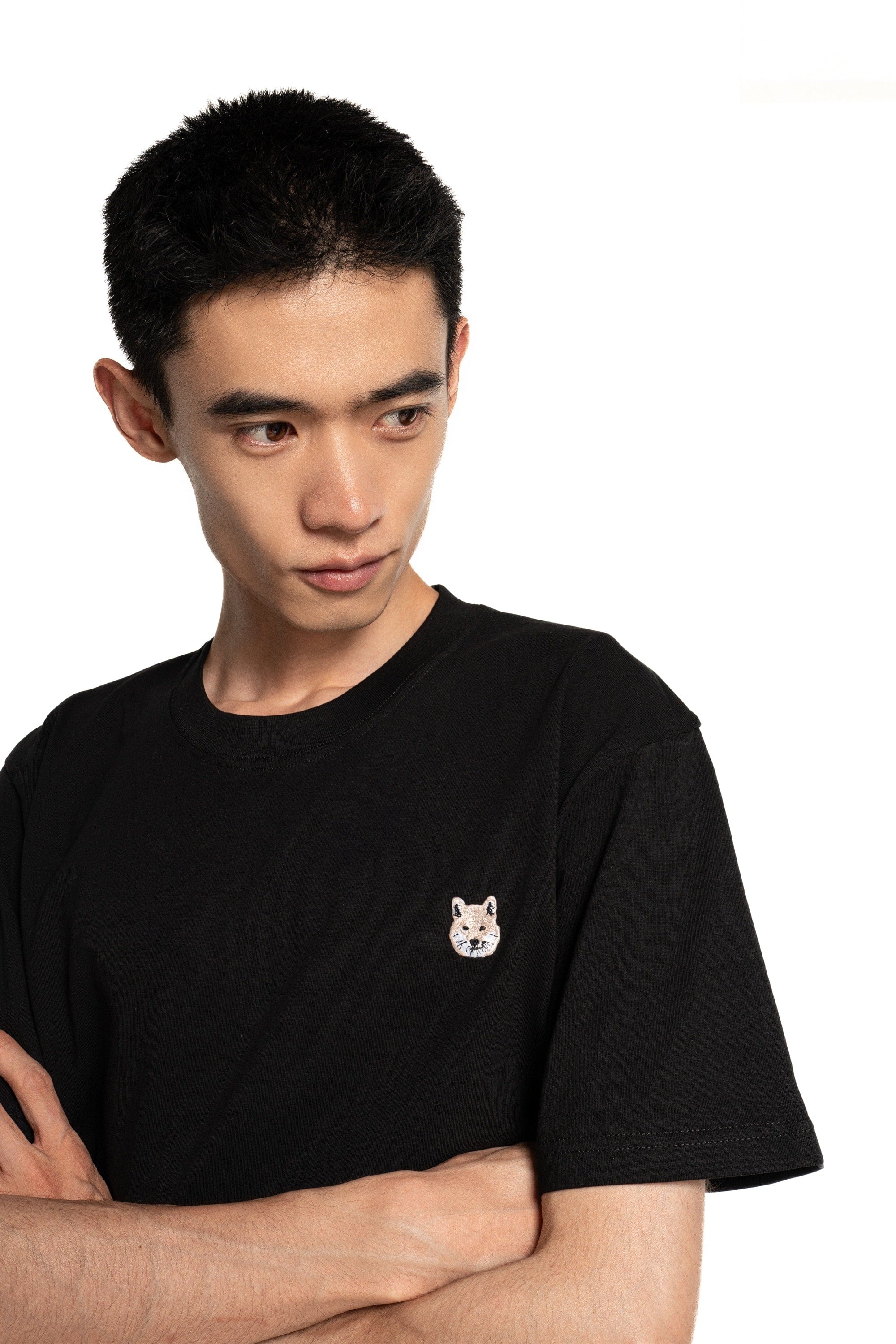 Cream Shiba Inu Dog Embroidered Black Cotton Tee-Shirt