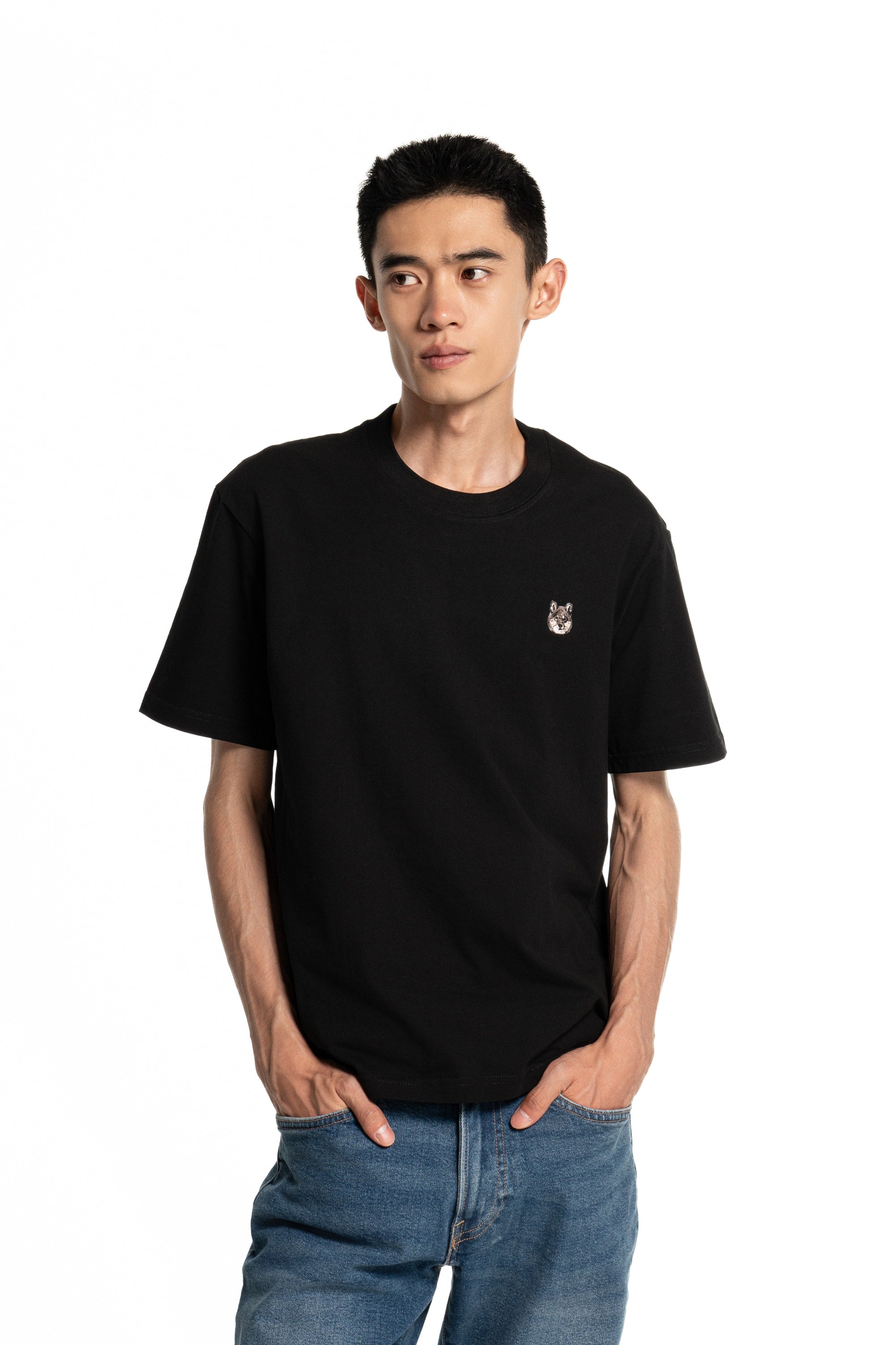 Black & Tan Shiba Inu Dog Embroidered Black Cotton Tee-Shirt