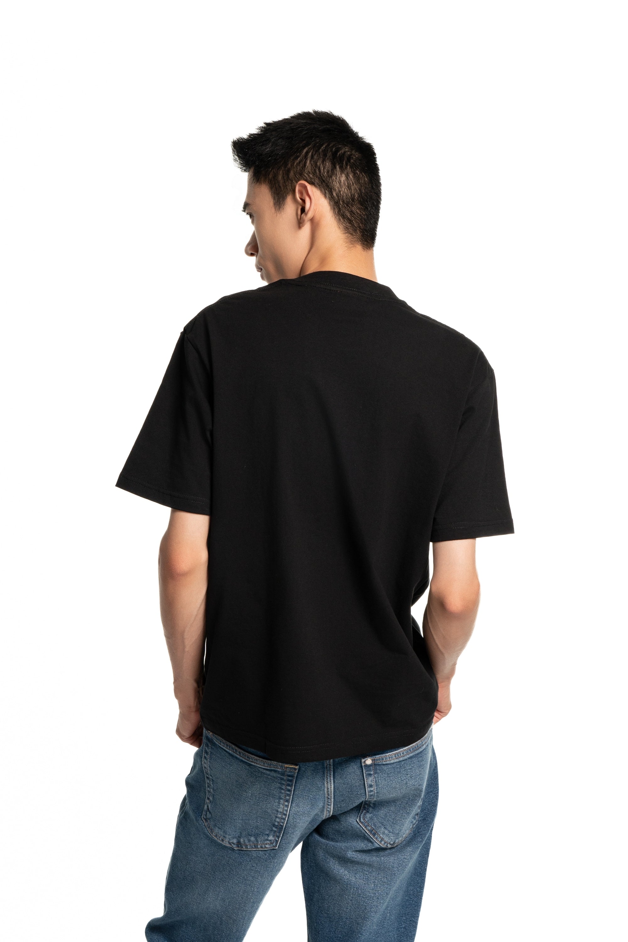 Cream Shiba Inu Dog Embroidered Black Cotton Tee-Shirt