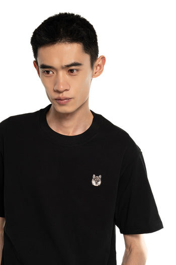 Black & Tan Shiba Inu Embroidered Black Cotton Tee-Shirt