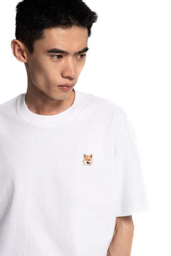 Red Shiba Inu Embroidered White Cotton Tee-Shirt