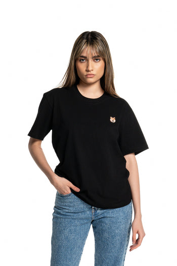 Red Shiba Inu Embroidered Black Cotton Tee-Shirt