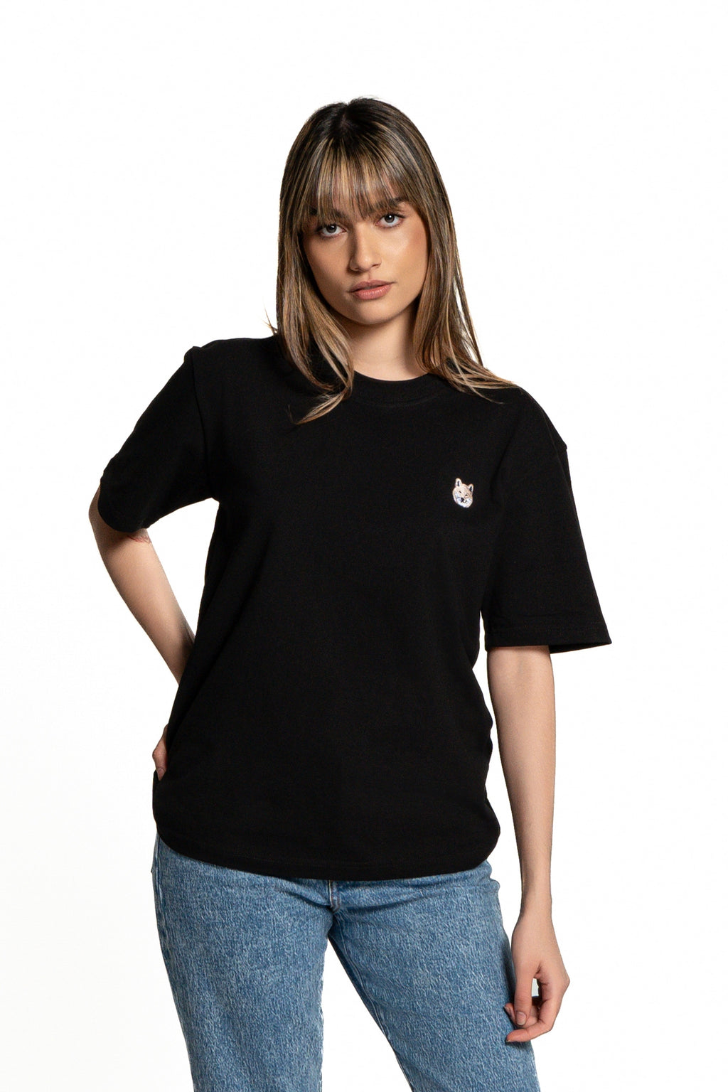 Cream Shiba Inu Dog Embroidered Black Cotton Tee-Shirt