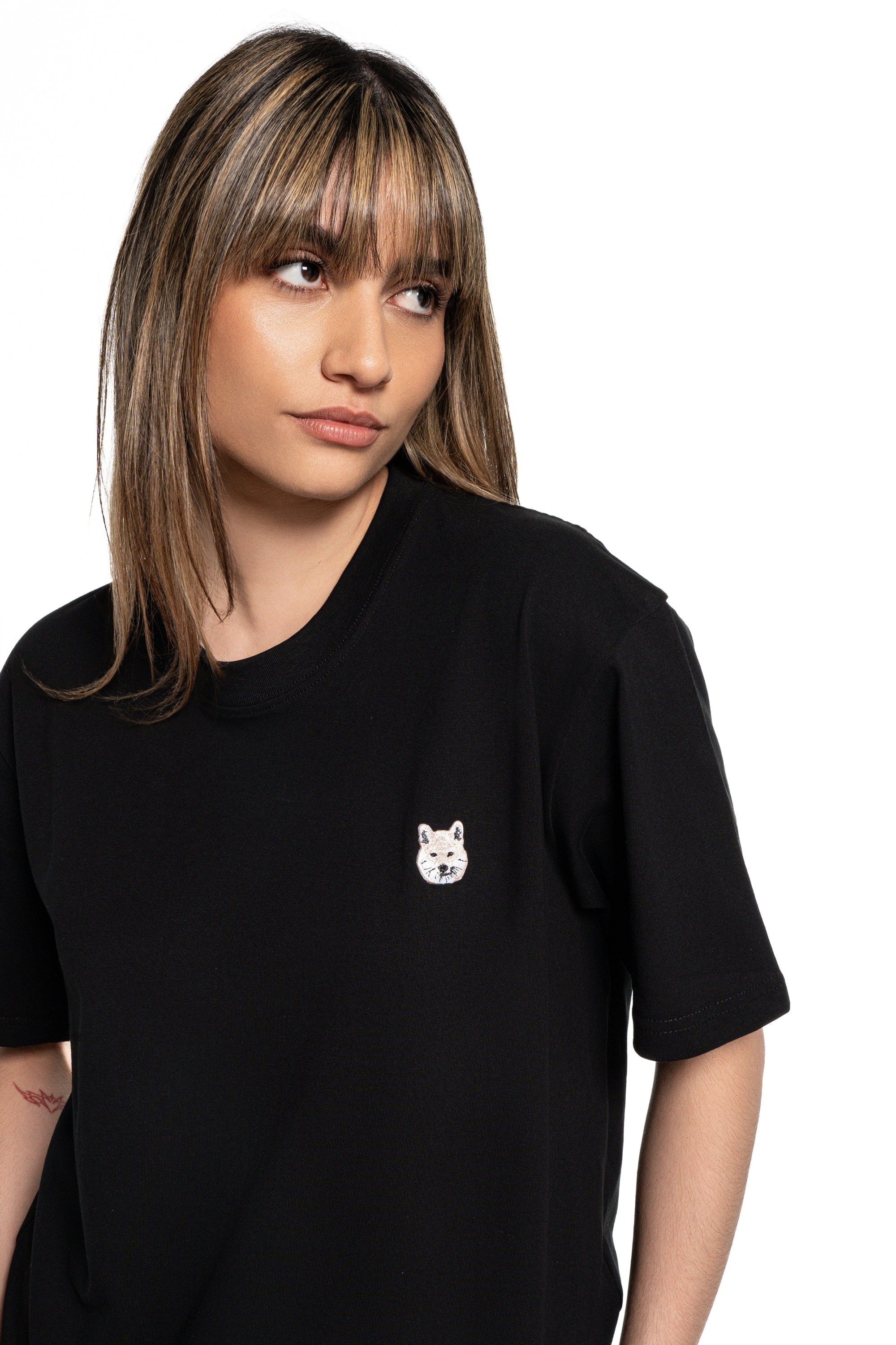 Cream Shiba Inu Dog Embroidered Black Cotton Tee-Shirt