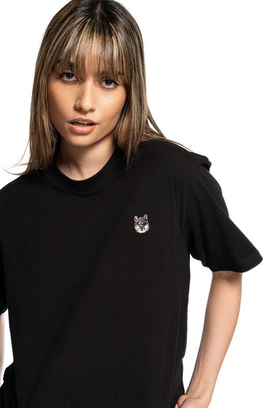 Black & Tan Shiba Inu Dog Embroidered Black Cotton Tee-Shirt