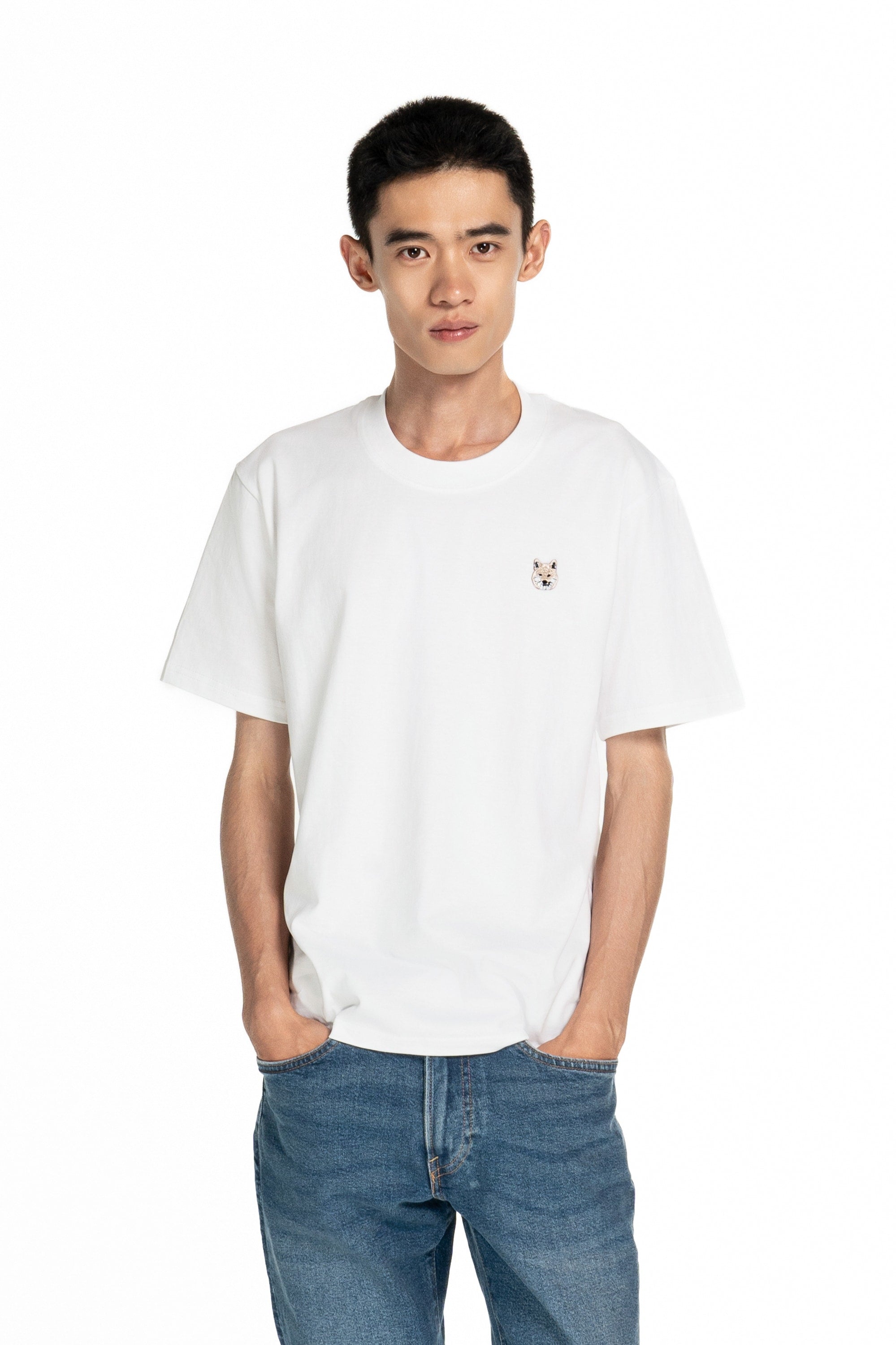 Cream Shiba Inu Dog Embroidered White Cotton Tee-Shirt