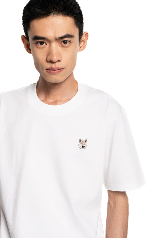 Cream Shiba Inu Dog Embroidered White Cotton Tee-Shirt