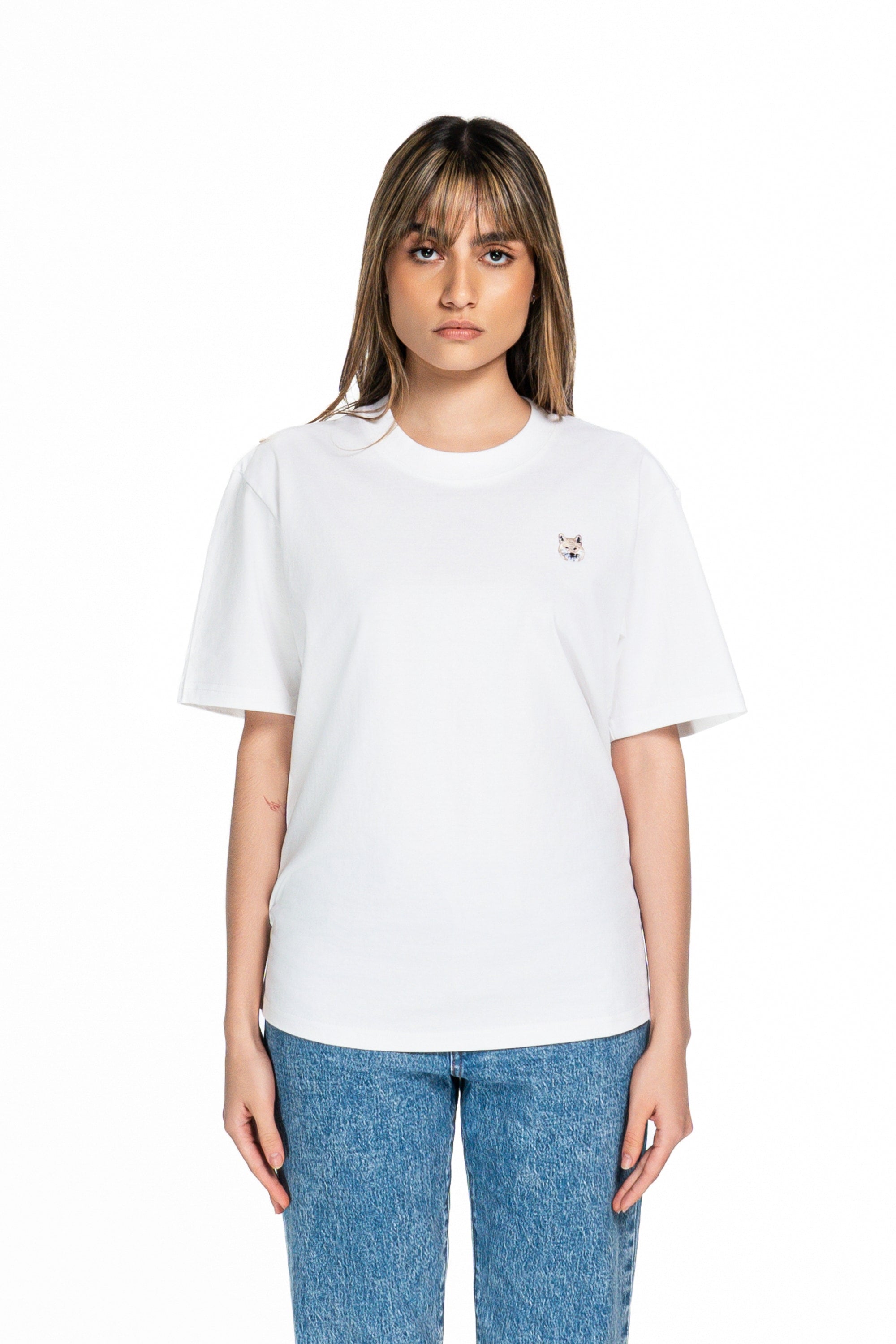 Cream Shiba Inu Dog Embroidered White Cotton Tee-Shirt