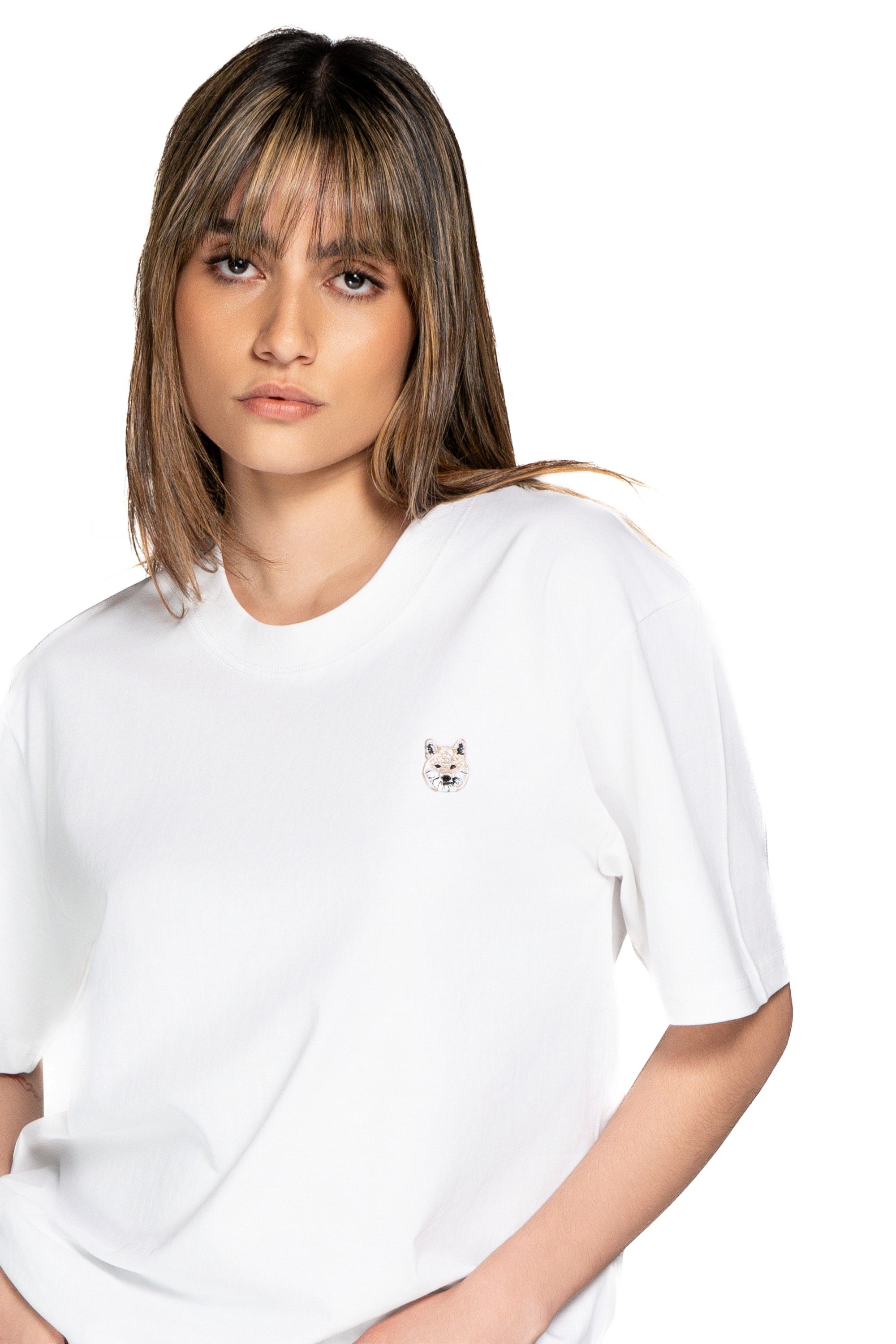 Cream Shiba Inu Dog Embroidered White Cotton Tee-Shirt