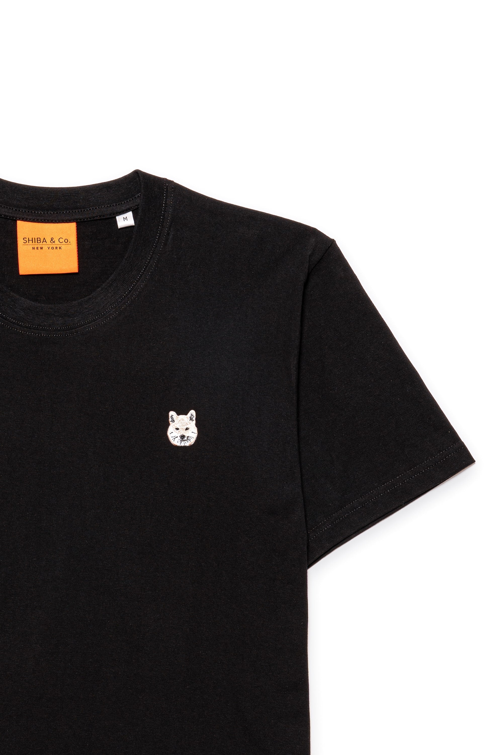 Cream Shiba Inu Dog Embroidered Black Cotton Tee-Shirt