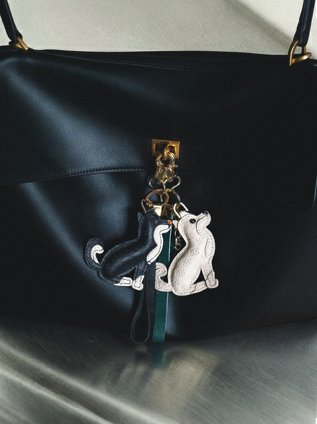 SC Monogram Shiba Inu Bag Charm In Italian Leather - Black and Tan