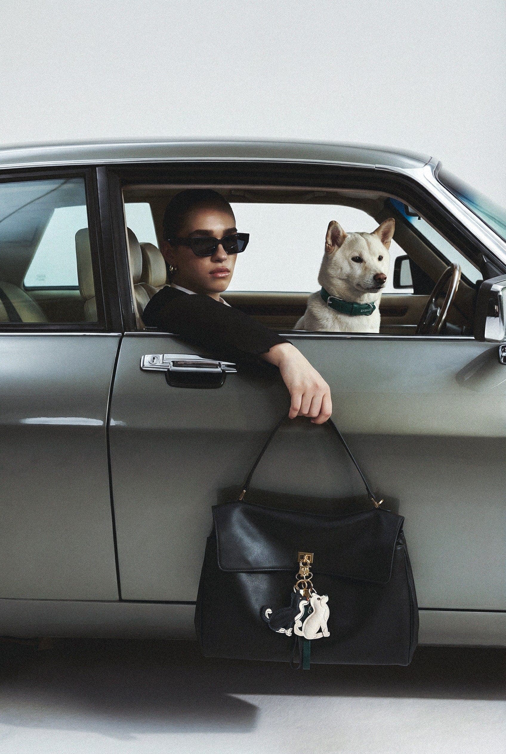 SC Monogram Shiba Inu Bag Charm In Italian Leather - Black and Tan