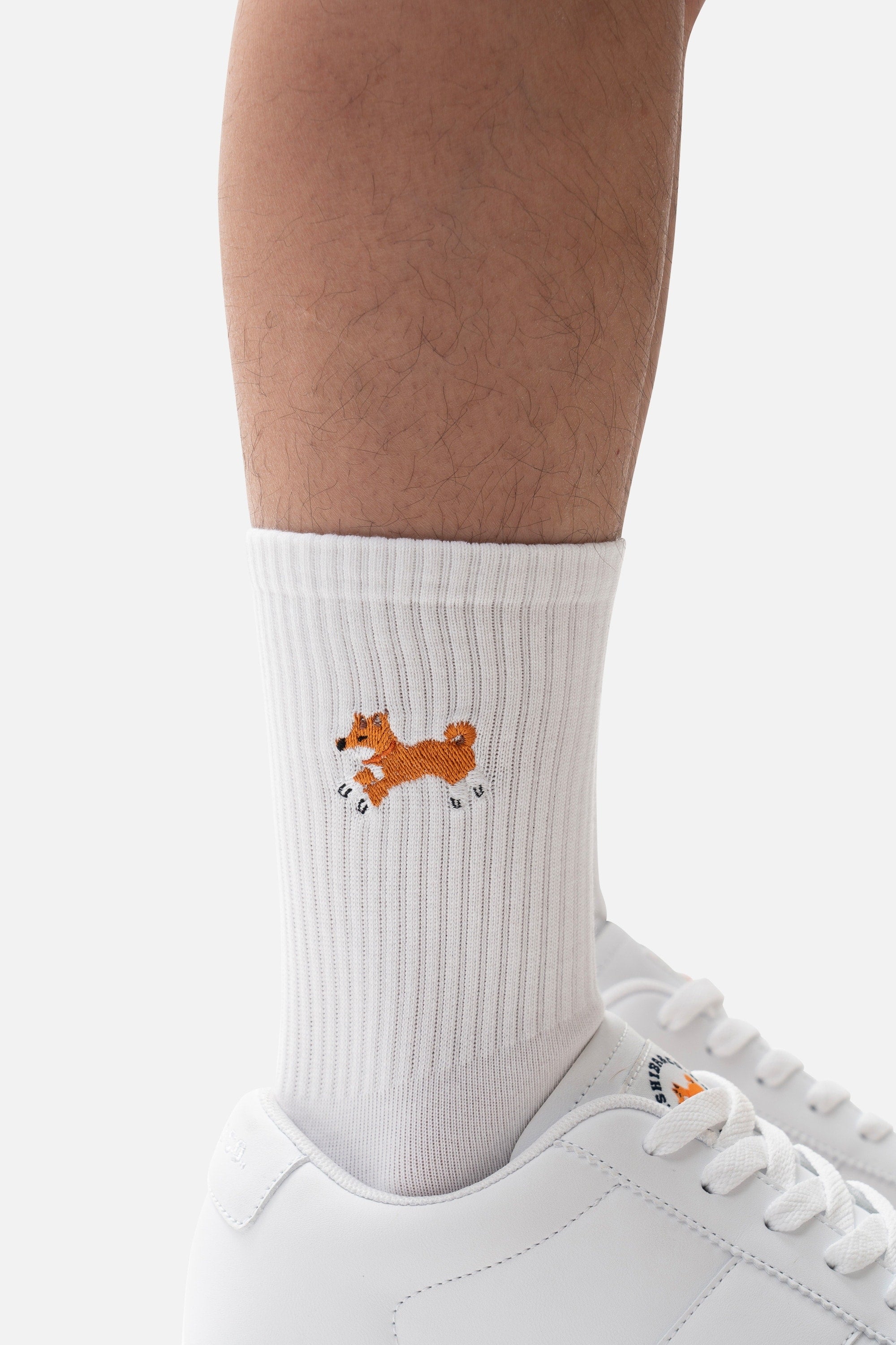 Club Shiba Embroidered Crew Sock – White