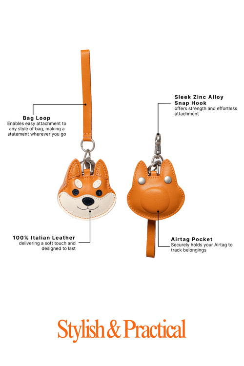 Shiba Inu Bag Charm In Italian Leather - Red Orange