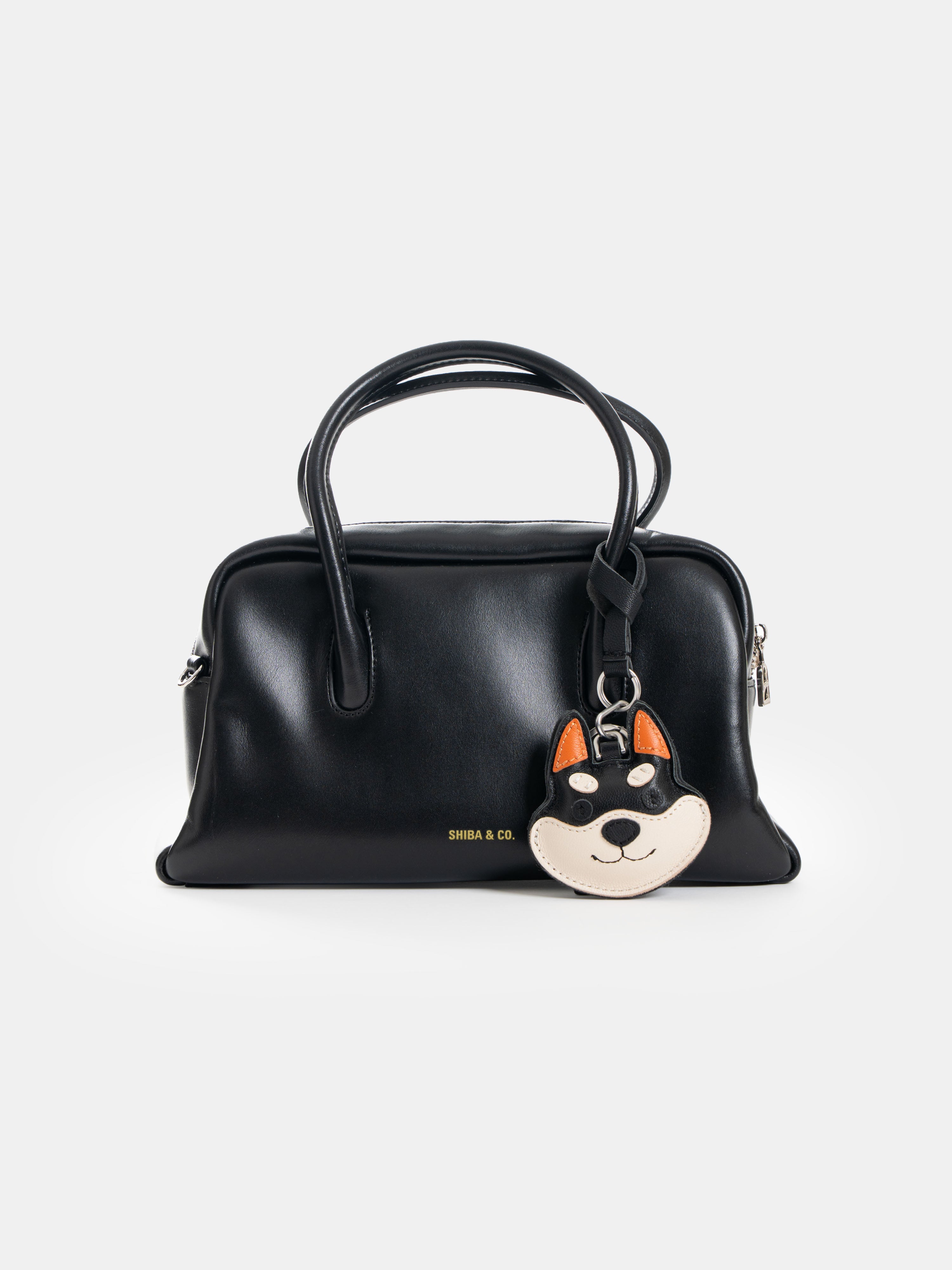 Shiba Inu Face Bag Charm In Italian Leather - Black and Tan